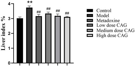 Bar chart showing liver index percentages for six groups: Control, Model, Metadoxine, Low dose CAG, Medium dose CAG, and High dose CAG. The Model group has the highest index, marked with asterisks, while other treatment groups show lower indices, marked with hashtags. A legend to the right indicates the group names and their corresponding bar colors. Error bars are shown on each bar.