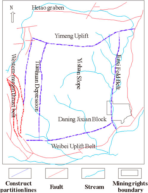 Map showing geological features and mining rights in a region. Key areas include Hetao Graben, Yimeng Uplift, Tianyuan Depression, Yishan Slope, Weibei Uplift Belt, and Lili Fold Belt. Features such as fault lines, streams, construct partition lines, and mining rights boundaries are marked. An arrow indicates north.