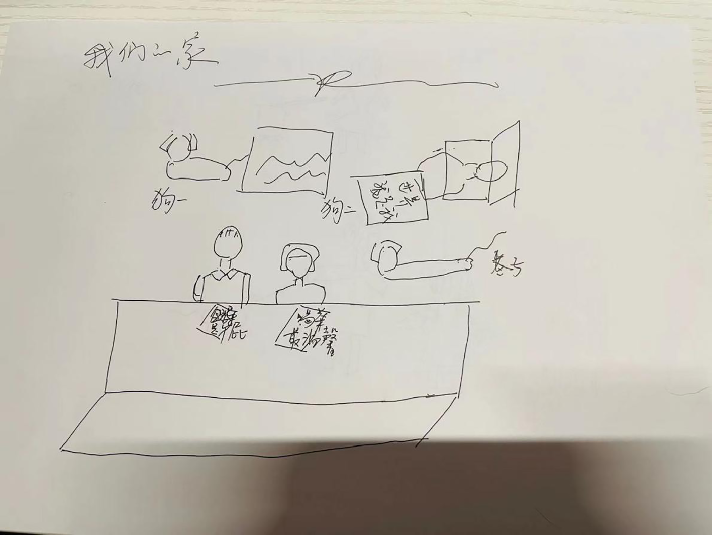Hand-drawn sketch depicting a domestic scene with two figures seated at a table labeled with names. Above them, a drawing of a bed with “Dog” written nearby, and another figure interacting with a laptop is shown. Various written notes accompany each element.