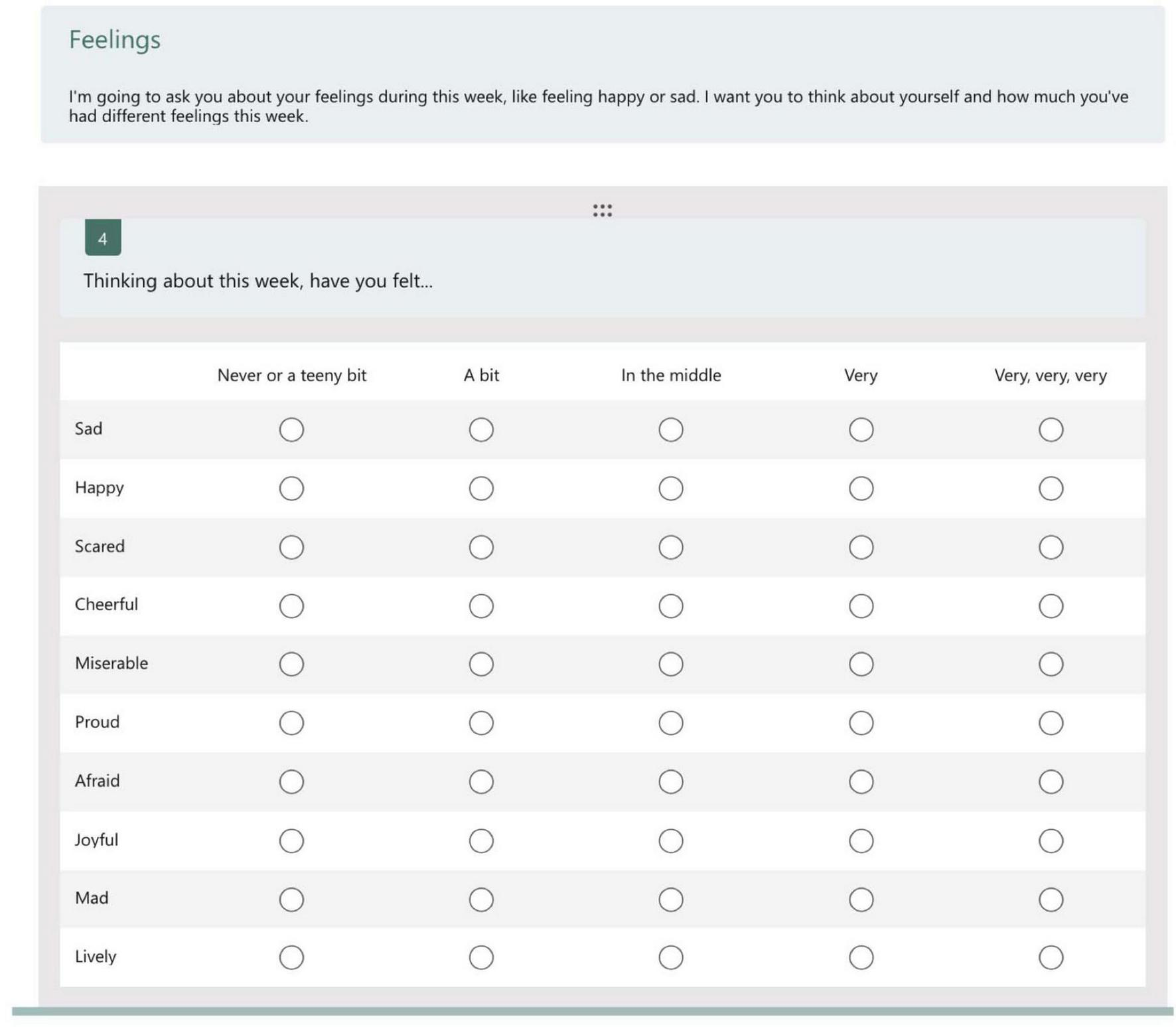 Survey with a list of emotions: sad, happy, scared, cheerful, miserable, proud, afraid, joyful, mad, and lively. Each emotion has options: “Never or a teeny bit,” “A bit,” “In the middle,” “Very,” and “Very, very, very” for responses.