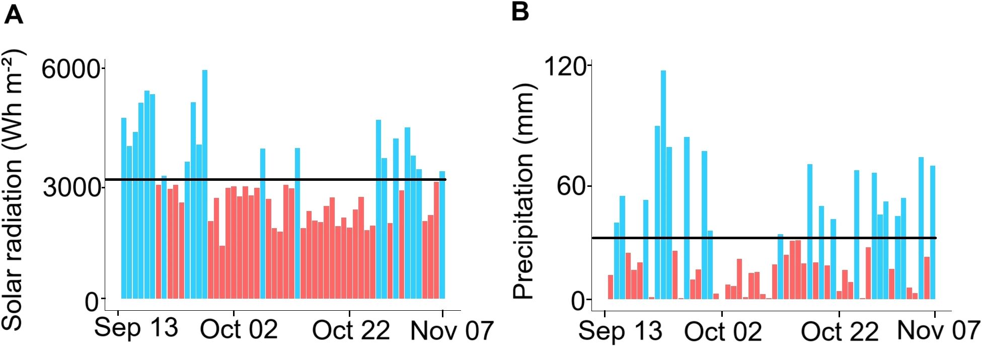 Two bar charts compare solar radiation and precipitation over time. Chart A shows solar radiation in watt-hours per square meter, with blue and red bars, fluctuating around the 3000 level from September 13 to November 7. Chart B displays precipitation in millimeters, using similar color coding, varying around the 60 mark for the same period. Data points indicate differences in measurements over time.