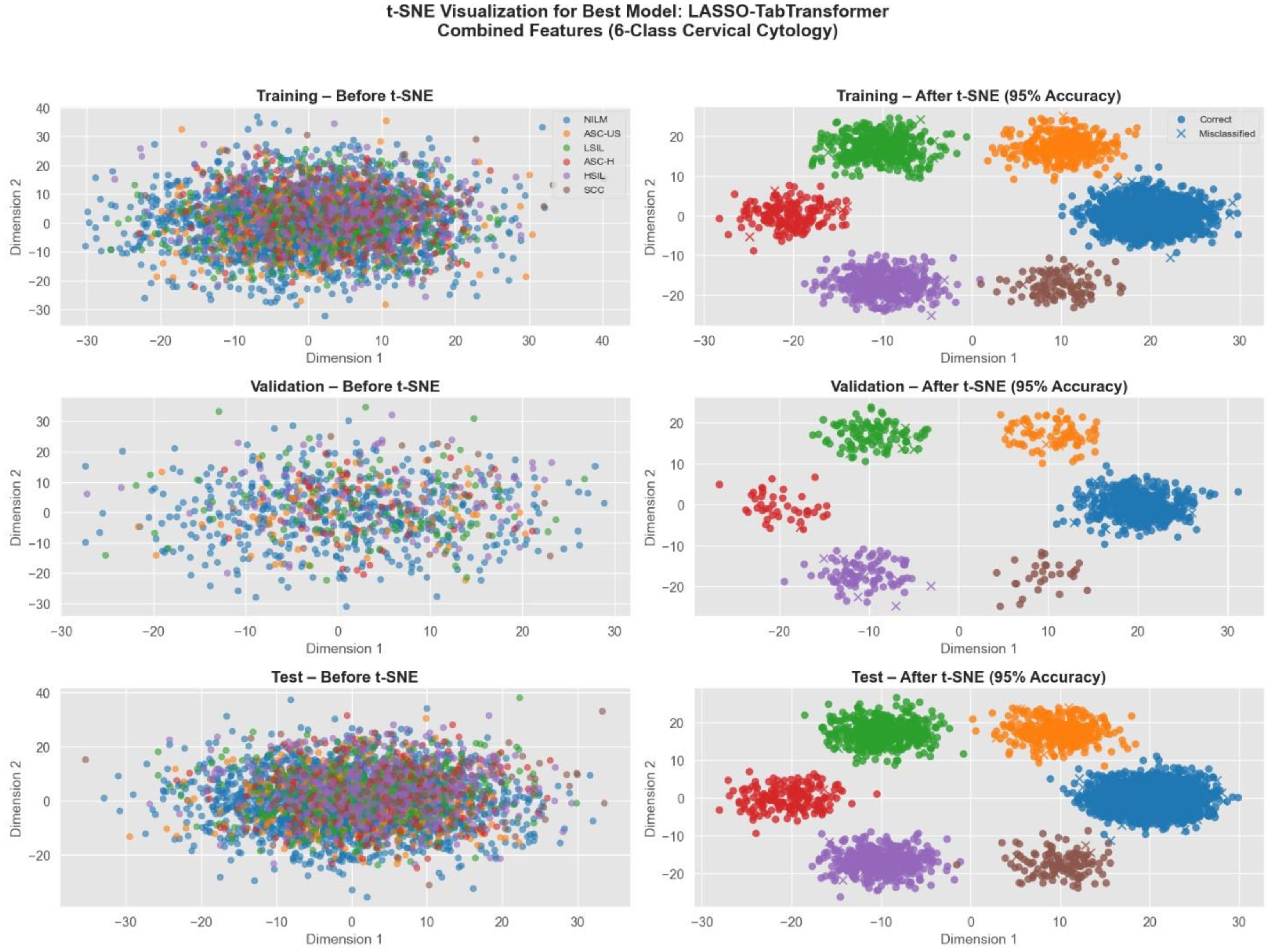 t-SNE visualizations show the clustering of data points for cervical cytology classification before and after dimensionality reduction. The top panel displays training data clustering before and after t-SNE with clear separation in the latter, achieving 95% accuracy. The middle panel shows similar results for validation data, demonstrating improved clustering post-t-SNE. The bottom panel illustrates the test data, again showing significant clustering improvement after t-SNE with 95% accuracy. Colors indicate different classes, and symbols denote correct and misclassified points.