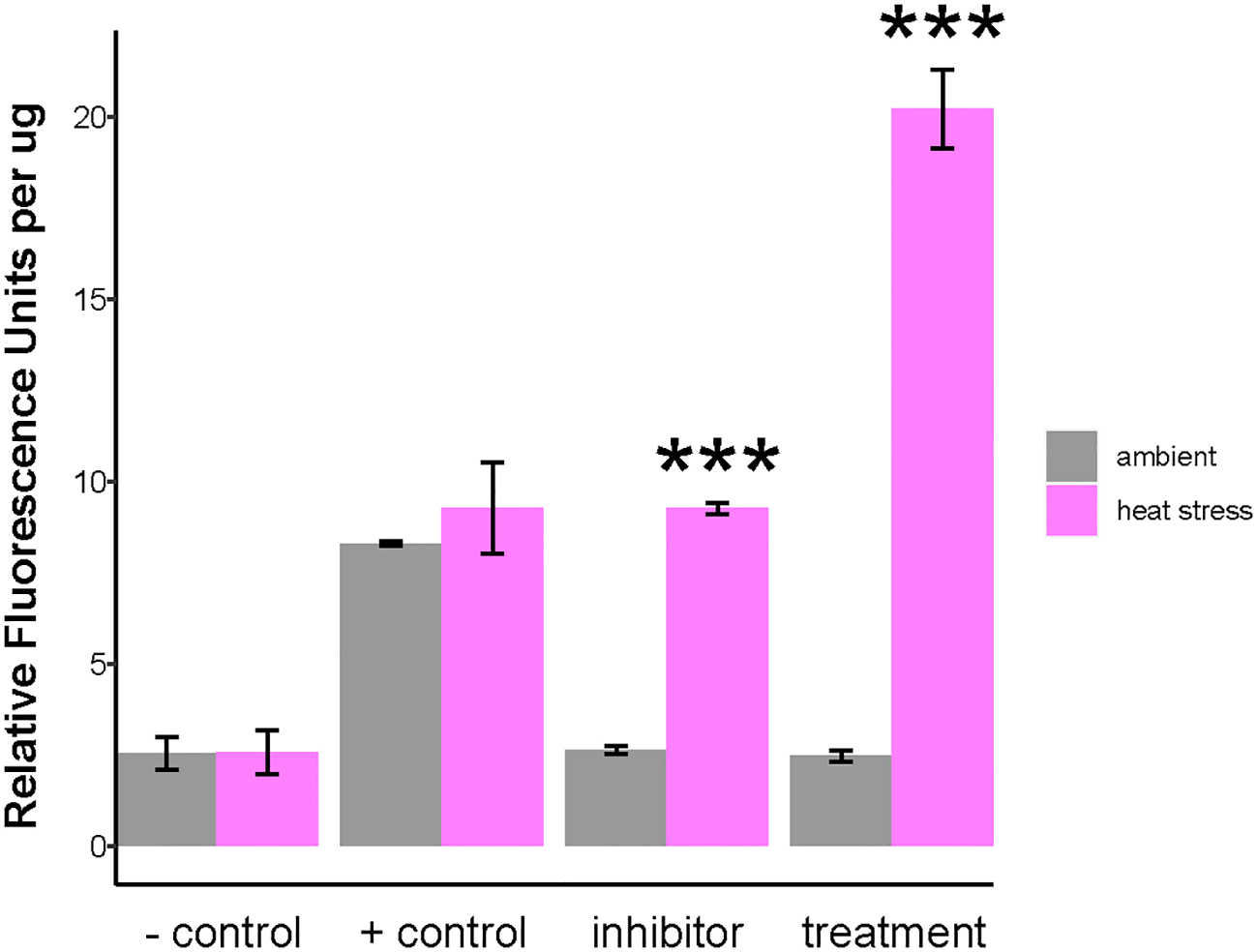 Bar graph showing relative fluorescence units per microgram at ambient conditions (gray) and heat stressed conditions for one day (pink) across four groups: negative control, positive control, inhibitor, and treatment with superoxide label (CellROX Green). Heat stress significantly increases fluorescence in the 'treatment' group labeled with CellROX Green.