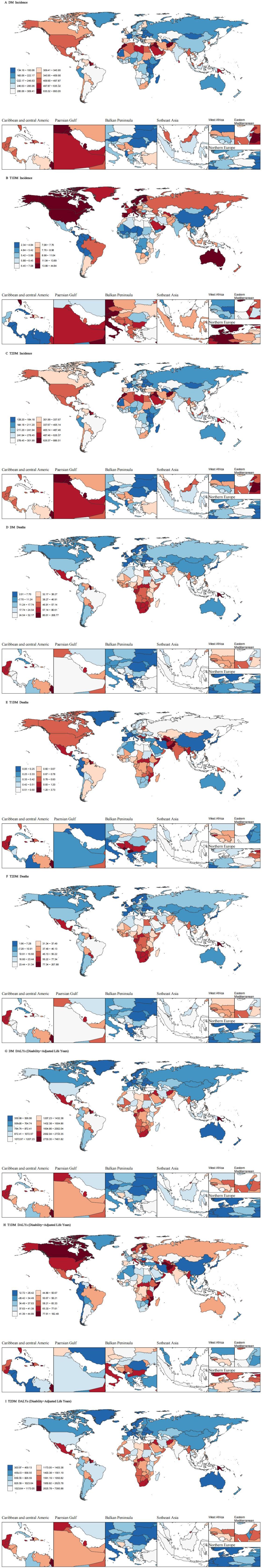 World maps depicting six projected scenarios of population changes from 2020 to 2100, based on different Shared Socioeconomic Pathways (SSPs) and fertility, migration, and mortality variants. Each map series includes a global map and regional insets for areas like Central America, Europe, and Asia. Colors range from deep red for significant population increase to dark blue for a decrease, with legends indicating percentage change. Each scenario contrasts geographic regions differently, illustrating varied demographic trends over time.