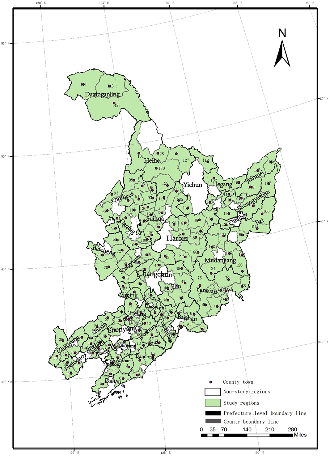 Map of Northeast China highlighting study regions in green. Key cities include Harbin, Changchun, Jilin, and Dalian. Non-study regions are shown in a lighter shade. Major boundaries and county towns are marked. The scale is provided at the bottom.