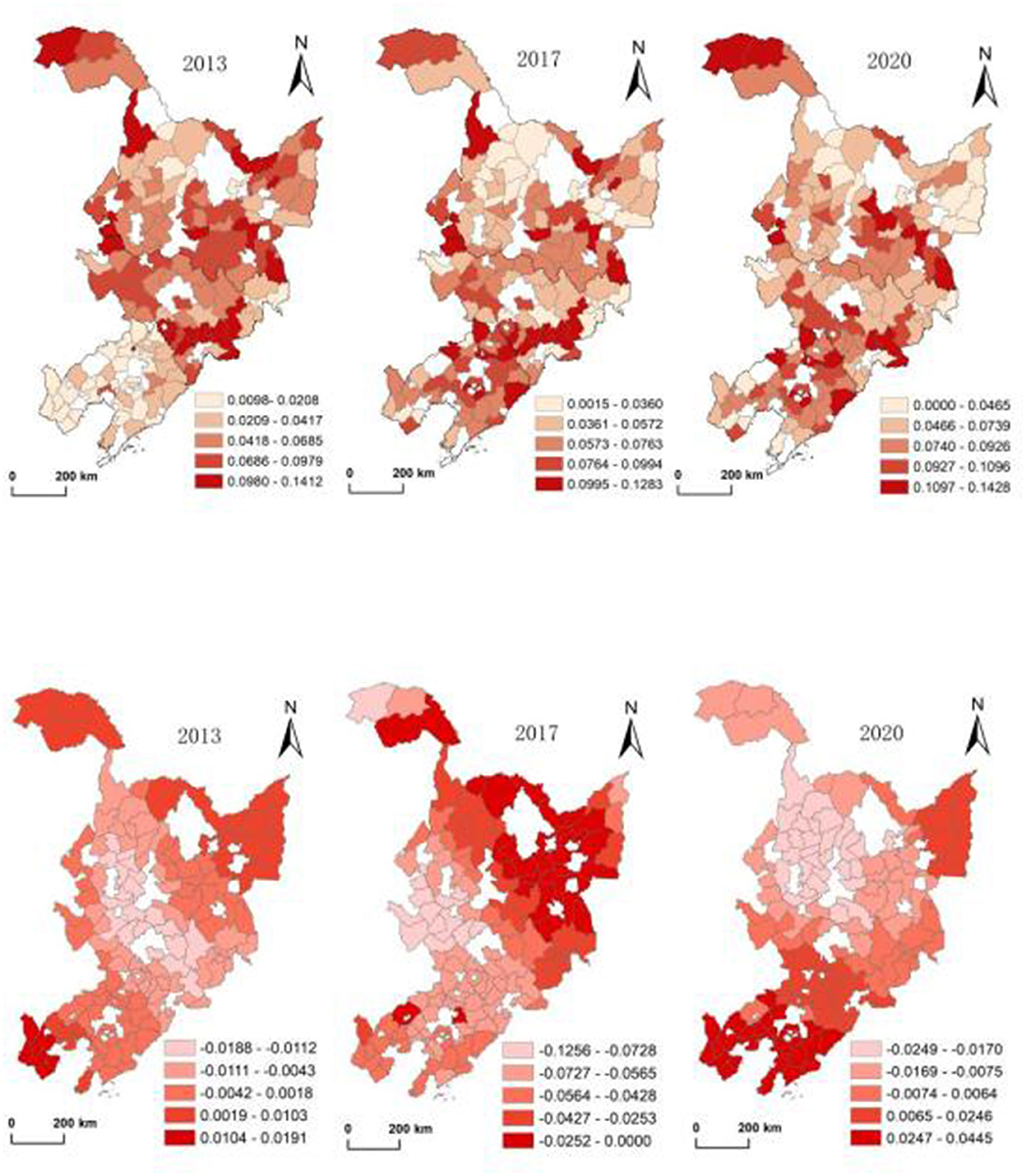 Six maps display regional data variations for the years 2013, 2017, and 2020, divided into two groups. The top row indicates range values from 0.0096 to 0.1428, and the bottom row ranges from -0.0188 to 0.0191. Each map uses a gradient color scale to represent numerical data across regions, with a north arrow and a 200 km scale bar for reference.