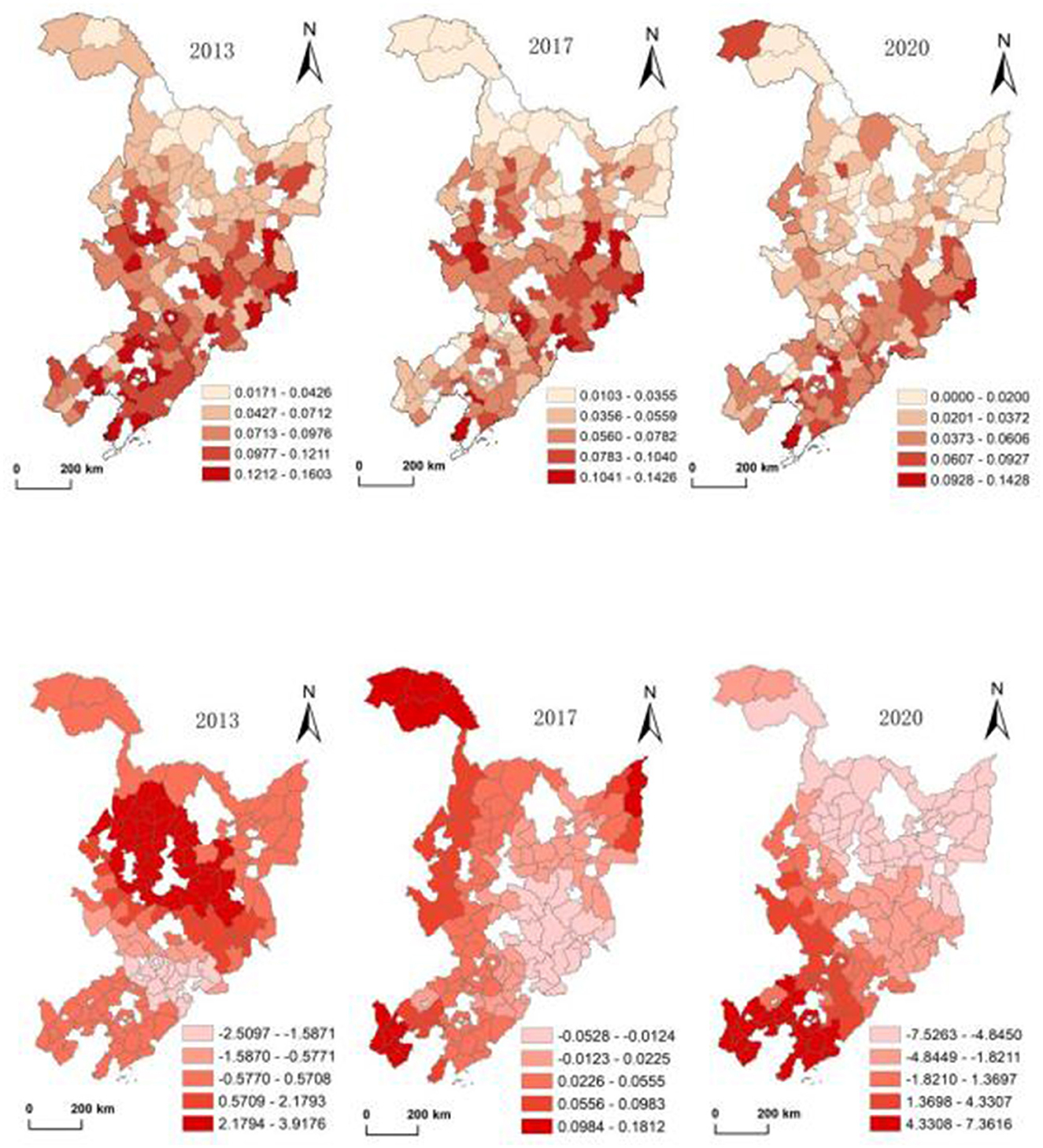 Two rows of side-by-side thematic maps show regional data for the years 2013, 2017, and 2020. The top row maps use a gradient from light to dark red to indicate increasing values, with varying classifications in each year. Legends detail the value ranges. Each map includes a scale and north arrow. The bottom row similarly uses red shades to indicate data differences across regions, with legends and scales consistent with the top row. The maps suggest changes over time, emphasizing regional variations.