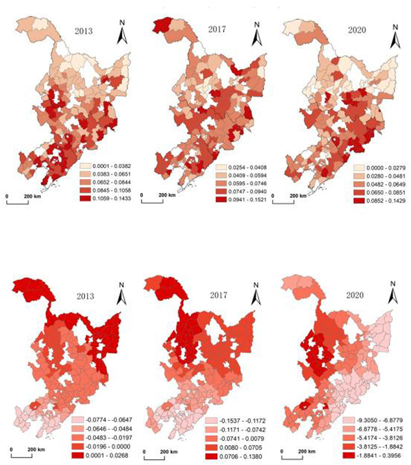 Two sets of maps show regional changes in statistical data for the years 2013, 2017, and 2020, using shades of red. The top row depicts one dataset with a color scale ranging from light to dark red, varying by year. The bottom row illustrates another dataset, also ranging from light to dark red. Each map includes a scale bar and north arrow.