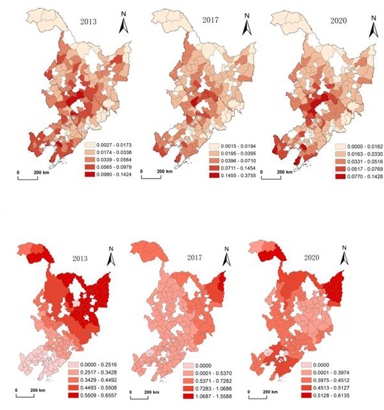 Six maps depicting regional changes from 2013 to 2020. The top row shows three maps with varying shades indicating changes, with darker shades representing greater values. The bottom row presents similarly colored maps for the same years, suggesting a different measurement scale. Legends provide numerical ranges corresponding to the color gradients. Both rows show geographical outlines with directional arrows and distance scales.