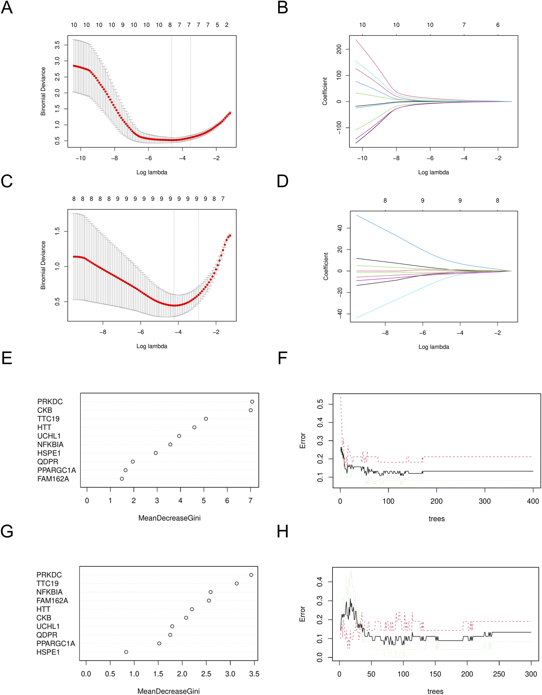 Panel A shows a plot of binomial deviance versus log lambda with data points and error bars, decreasing initially, reaching a minimum, then increasing. Panel B features coefficient trajectories versus log lambda. Panel C is another plot similar to Panel A but with different values. Panel D depicts coefficient trajectories versus log lambda, similar to Panel B. Panel E is a scatter plot of genes versus MeanDecreaseGini values. Panel F shows a plot of error rate versus the number of trees, with error decreasing and stabilizing. Panel G is another scatter plot like Panel E with different scales. Panel H is similar to Panel F, with a different scale.