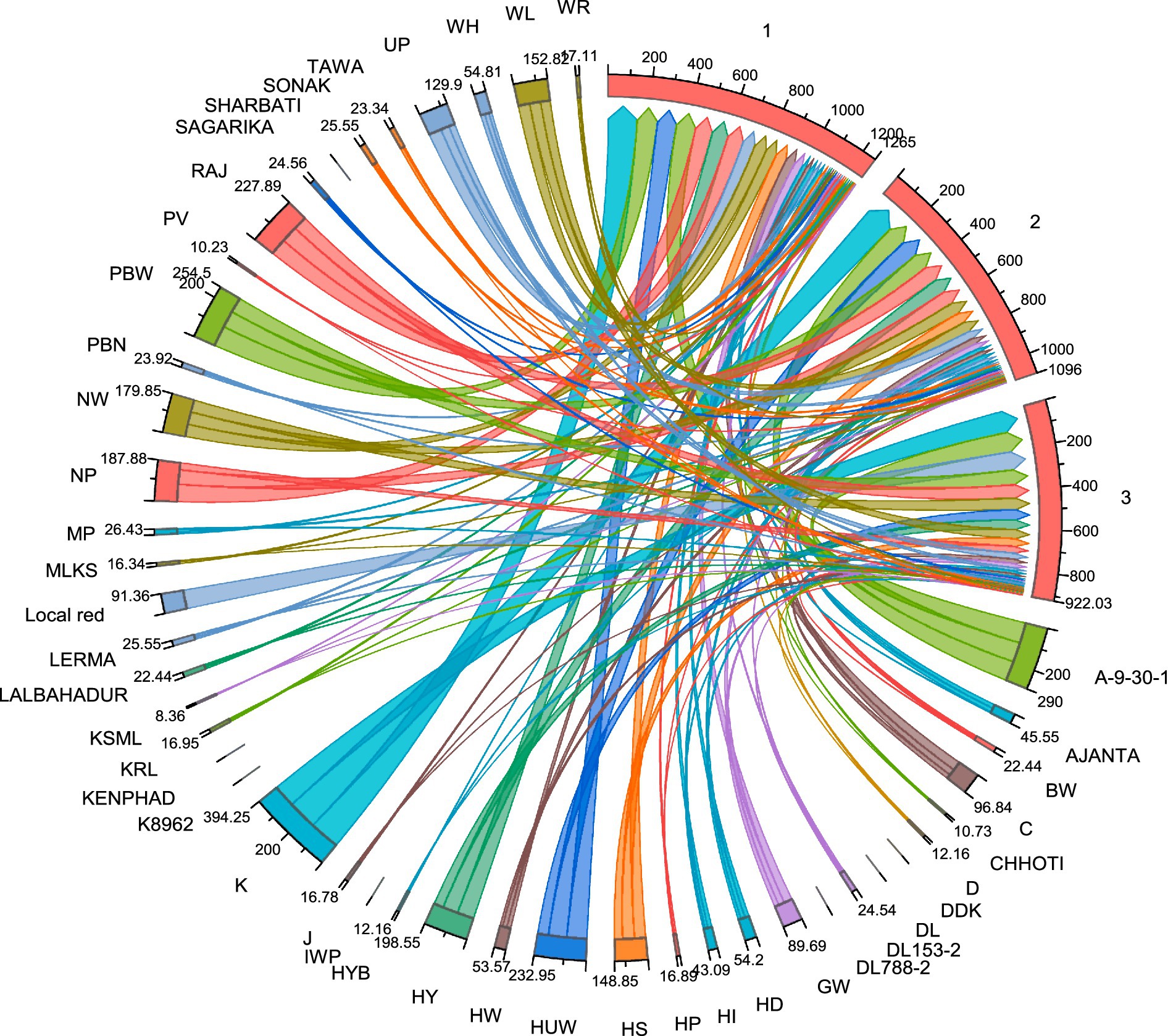 Circular flow chart illustrating connections between various labeled segments, marked with names like TAWA, WH, WR, and AJANTA. Colorful arcs, including pink, green, and blue, connect segments, with numerical values such as 25.55 and 129.9. The chart appears segmented into three parts, each with separate scales reaching up to 1206 and 1096. The complex design emphasizes interconnectedness among the segments.