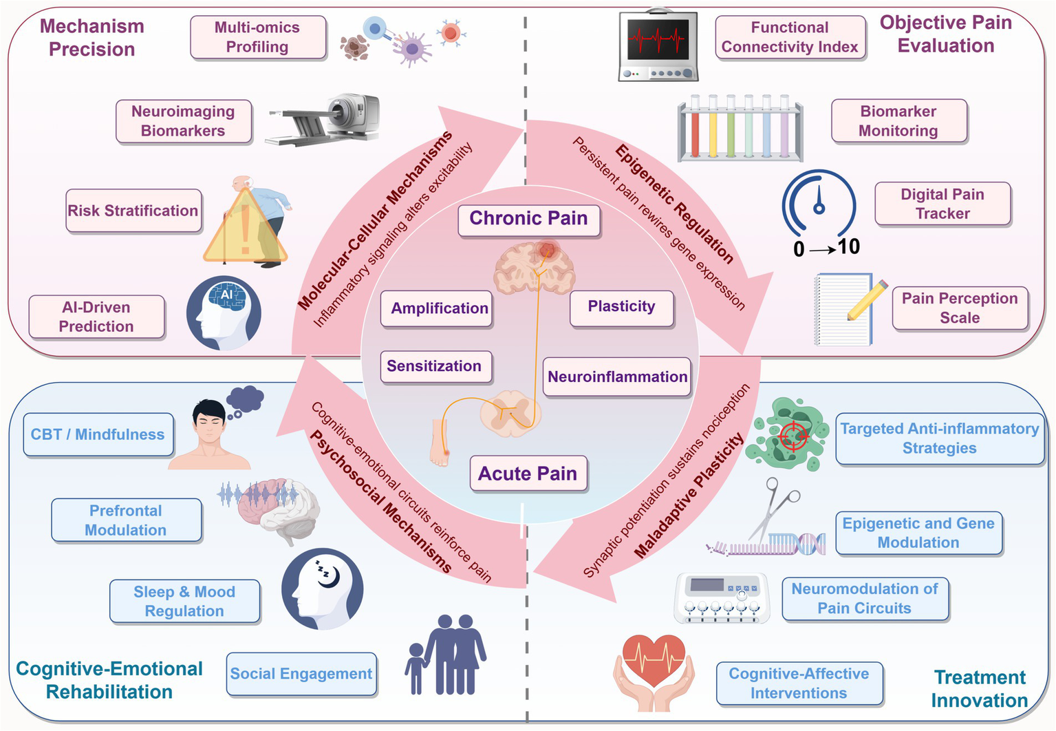 Diagram explaining chronic pain mechanisms and treatments. Top left: “Mechanism Precision” with neuroimaging biomarkers, AI prediction, and risk stratification. Top right: “Objective Pain Evaluation” using biomarkers, functional connectivity, pain tracker, and scale. Center: Chronic pain involving amplification, plasticity, sensitization, and neuroinflammation. Bottom left: “Cognitive-Emotional Rehabilitation” with mindfulness, prefrontal modulation, social engagement, and sleep regulation. Bottom right: “Treatment Innovation” with anti-inflammatory strategies, gene modulation, pain circuit neuromodulation, and cognitive-affective interventions. Central red arrows highlight molecular, epigenetic, psychosocial, and maladaptive plasticity mechanisms.