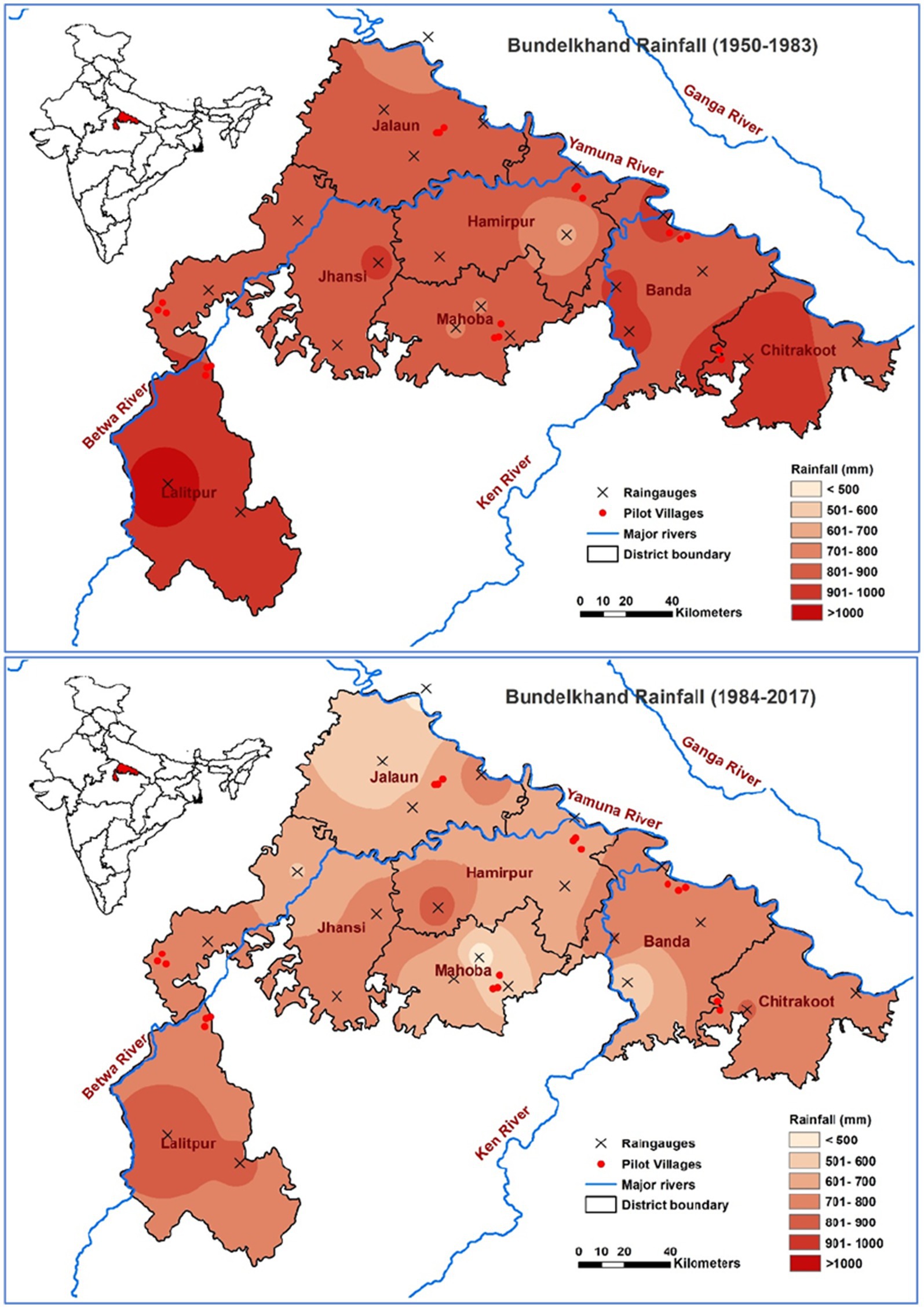 Two maps display rainfall in Bundelkhand, India over different periods. The first map shows rainfall from 1950 to 1983, with most areas receiving over 901 millimeters. The second map shows rainfall from 1984 to 2017, indicating reduced rainfall, mostly between 601 and 900 millimeters. Both maps highlight major rivers and pilot villages. An inset shows Bundelkhand's location in India.