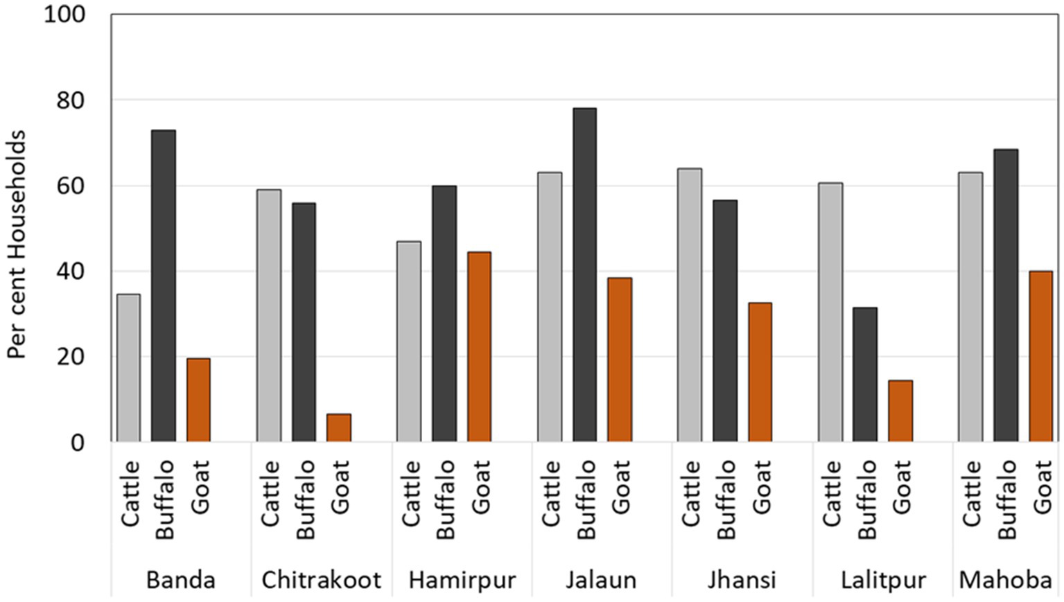 Bar chart showing the percentage of households with cattle, buffalo, and goats across seven districts: Banda, Chitrakoot, Hamirpur, Jalaun, Jhansi, Lalitpur, and Mahoba. Buffalo ownership is highest in all districts, followed by cattle, then goats. Percentages vary by district, with buffalo reaching up to 80 percent in some areas.