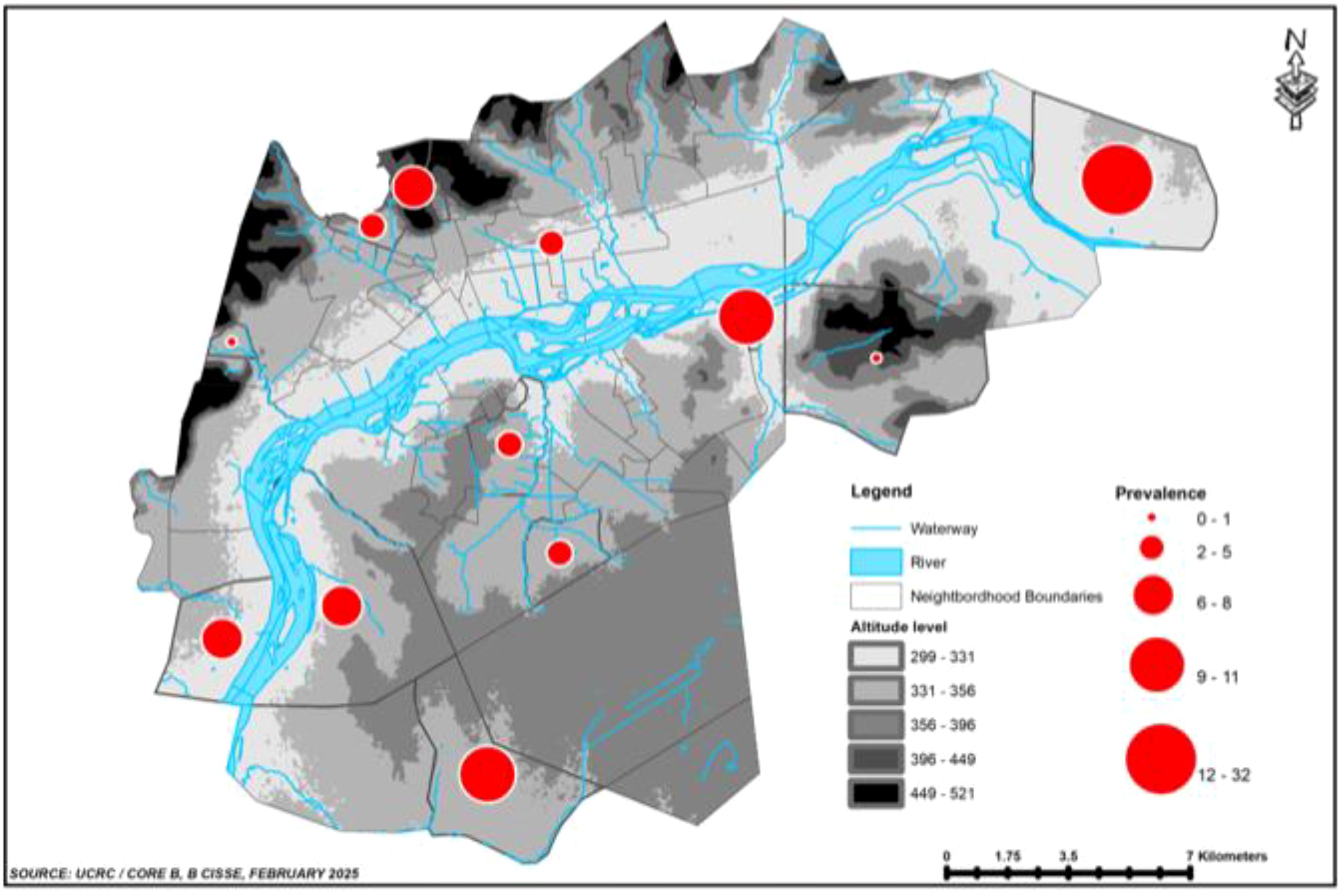 Map showing the prevalence of an unspecified variable across different neighborhoods, indicated by red circles of varying sizes. Blue lines represent waterways and rivers. Shaded areas denote altitudes, with darker grays indicating higher elevations. A legend clarifies color codes and circle sizes, indicating prevalence levels from zero to thirty-two. A scale is provided in the bottom right corner.