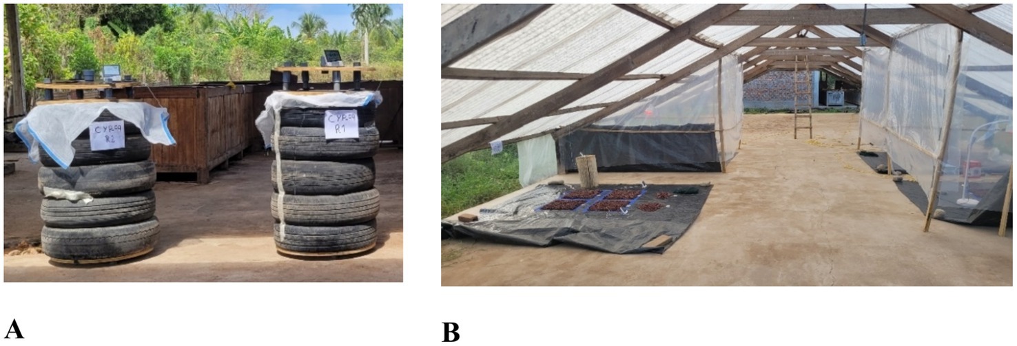 A. Two stacks of tires positioned outdoors, each supporting a covered with mesh fabric, labeled