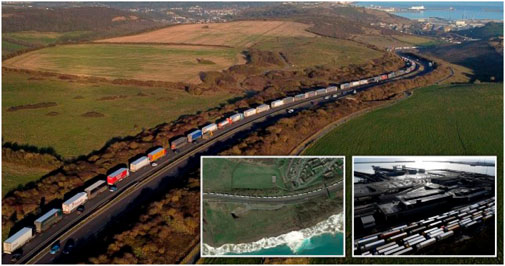 A long line of trucks is seen on a rural road, surrounded by fields with a port visible in the distance. Inset images show an aerial view of the coastal road and the port area with additional trucks lined up near the water.