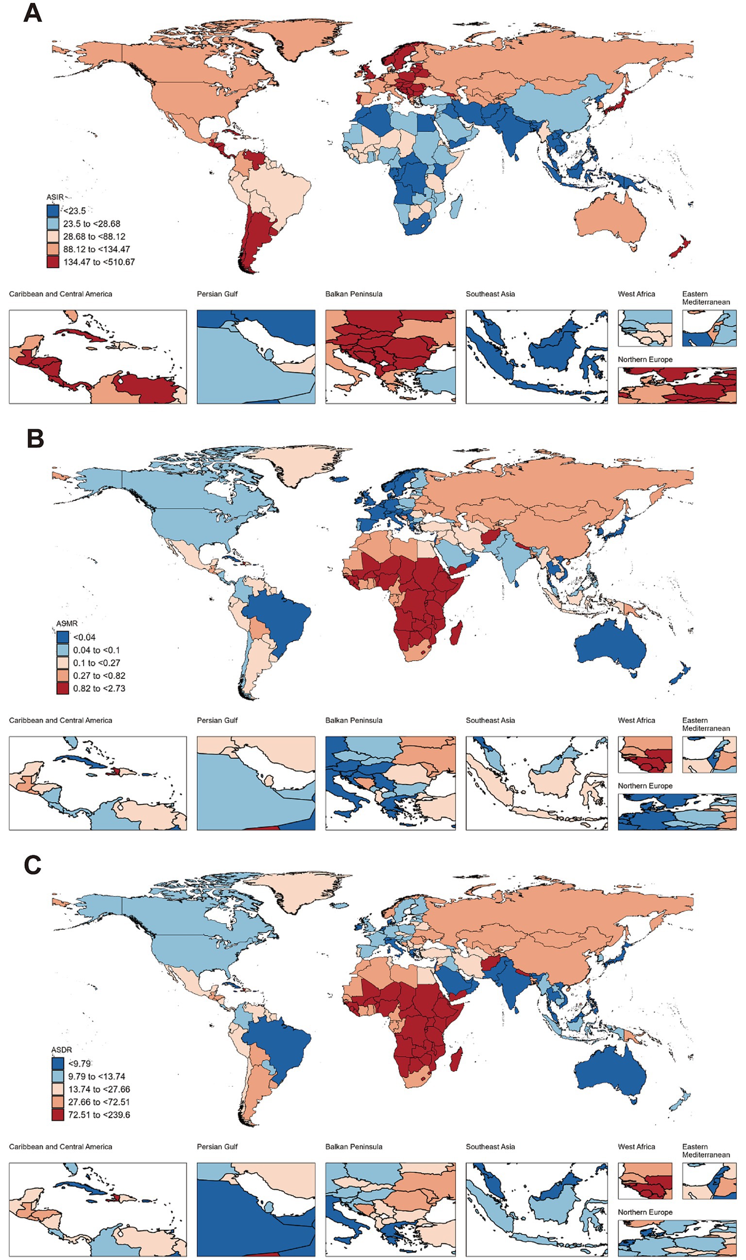 Map A shows the Age-Standardized Incidence Rate (ASIR) with darker red indicating higher rates, prominent in the Balkan Peninsula and the Caribbean. Map B illustrates the Age-Standardized Mortality Rate (ASMR) with darker red in parts of Africa. Map C presents the Age-Standardized Disability-adjusted Life Years (ASDR), with darker red again noticeable in parts of Africa. Insets highlight specific regions such as the Caribbean, Persian Gulf, and Northern Europe.
