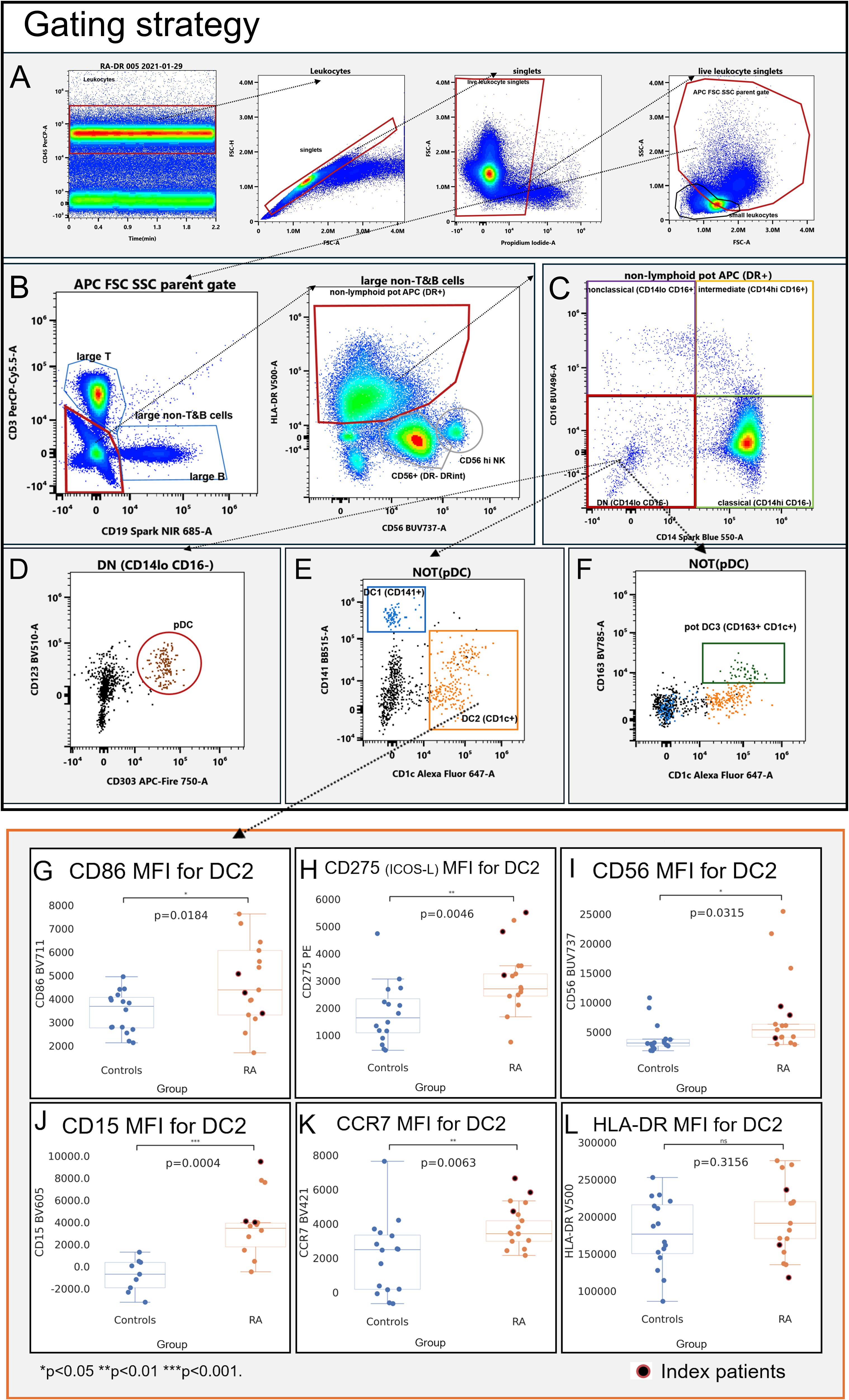Flow cytometry gating strategy and statistical analysis for leukocyte singlets and non-lymphoid populations. Panels A to F show gating for live leukocyte singlets and various cell types. Panels G to L display box plots comparing mean fluorescence intensity (MFI) for different markers on DC2 cells between controls and rheumatoid arthritis (RA) patients, with significant p-values marked.