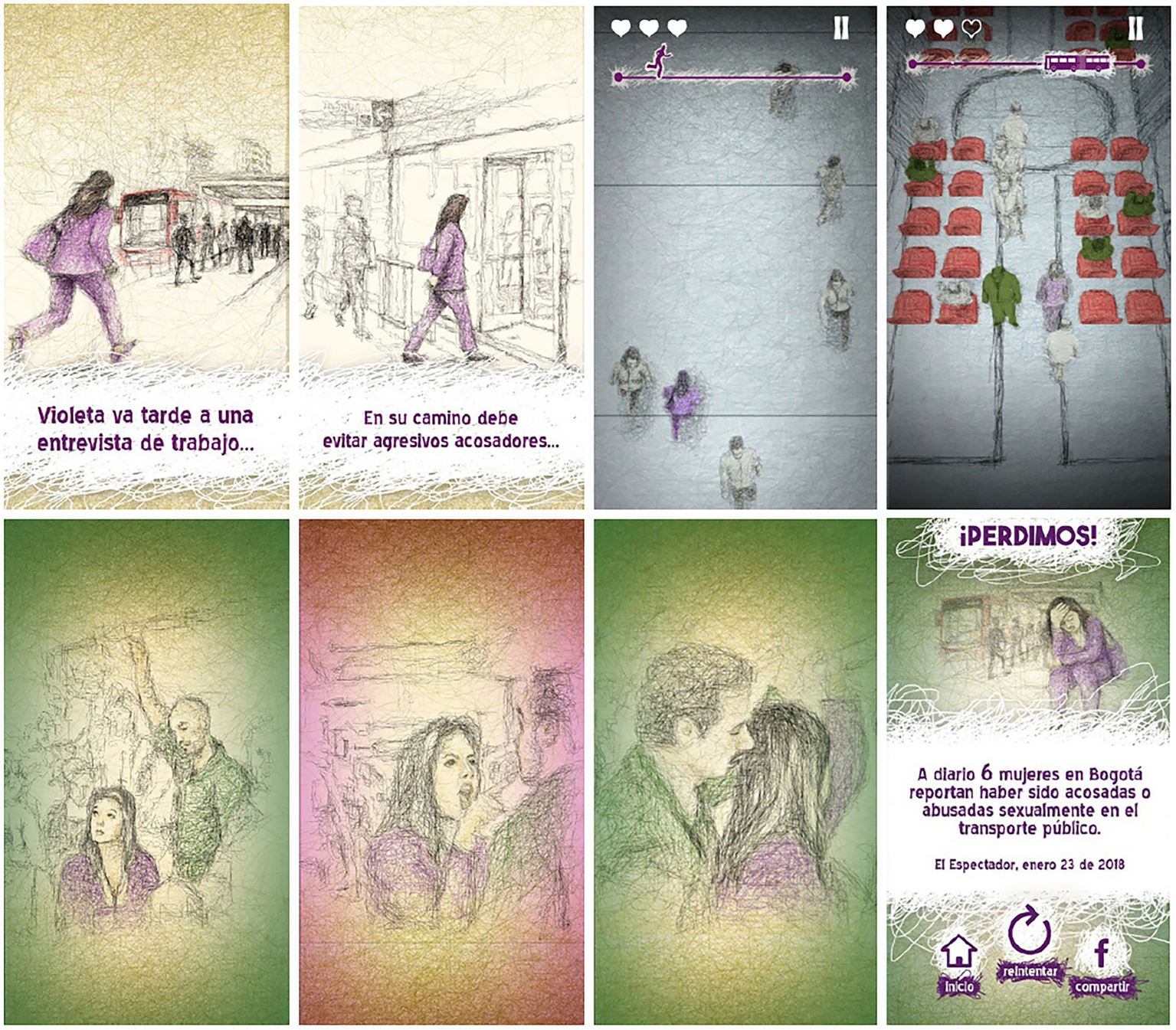 A series of illustrations depicting a story about a woman named Violeta who faces harassment while hurrying to a job interview. The panels show her dodging aggressors on the street and in a bus, with a score line indicating progress. In the final panel, she appears distressed as the text highlights that six women in Bogotá report daily harassment or abuse in public transport. The date is January 23, 2018.