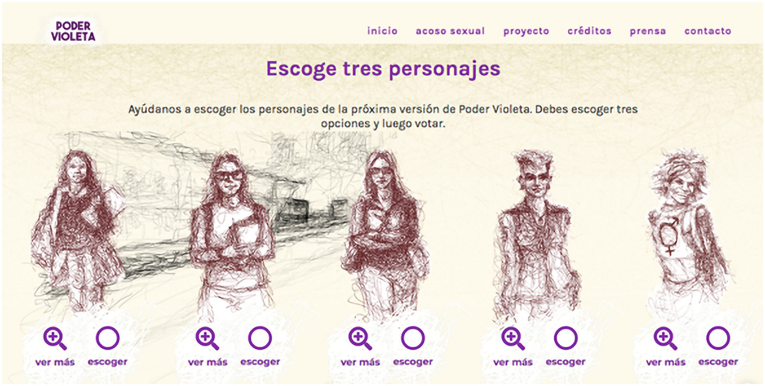 Sketch-style illustration of five characters on a website prompting users to select three characters. Each character is associated with options to explore further ("ver más") or choose ("escoger"). The top text reads "Escoge tres personajes" with further instructions. "Poder Violeta" is the title, and navigation links are visible at the top.