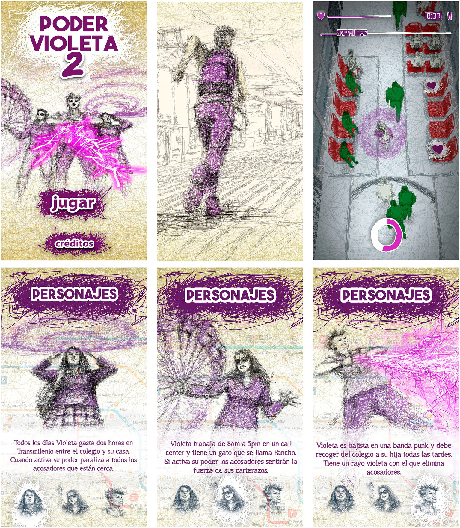 A digital comic-style game cover titled "Poder Violeta 2" shows three characters with purple energy. Below are buttons for "jugar" and "créditos". The second image displays a character running in purple attire. The third image shows a top-view game interface with characters and obstacles. The three images below introduce characters with descriptions: a commuter, a call center worker with a cat named Pancho, and a punk band bassist, each with powers to fend off harassers. Backgrounds include maps and cityscapes with purple accents.