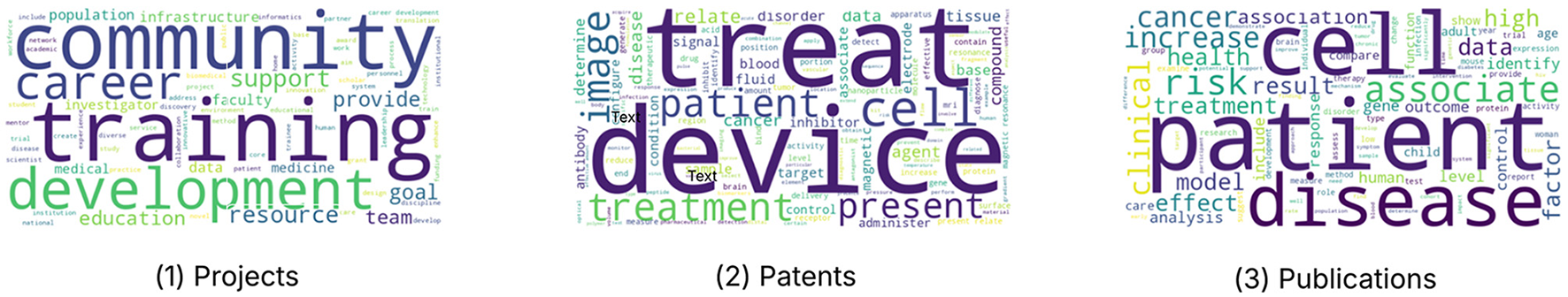 Word cloud image divided into three panels: (1) Projects features prominent words like "community," "training," and "development"; (2) Patents includes "treat," "device," and "treatment"; (3) Publications highlights "cell," "patient," and "disease."
