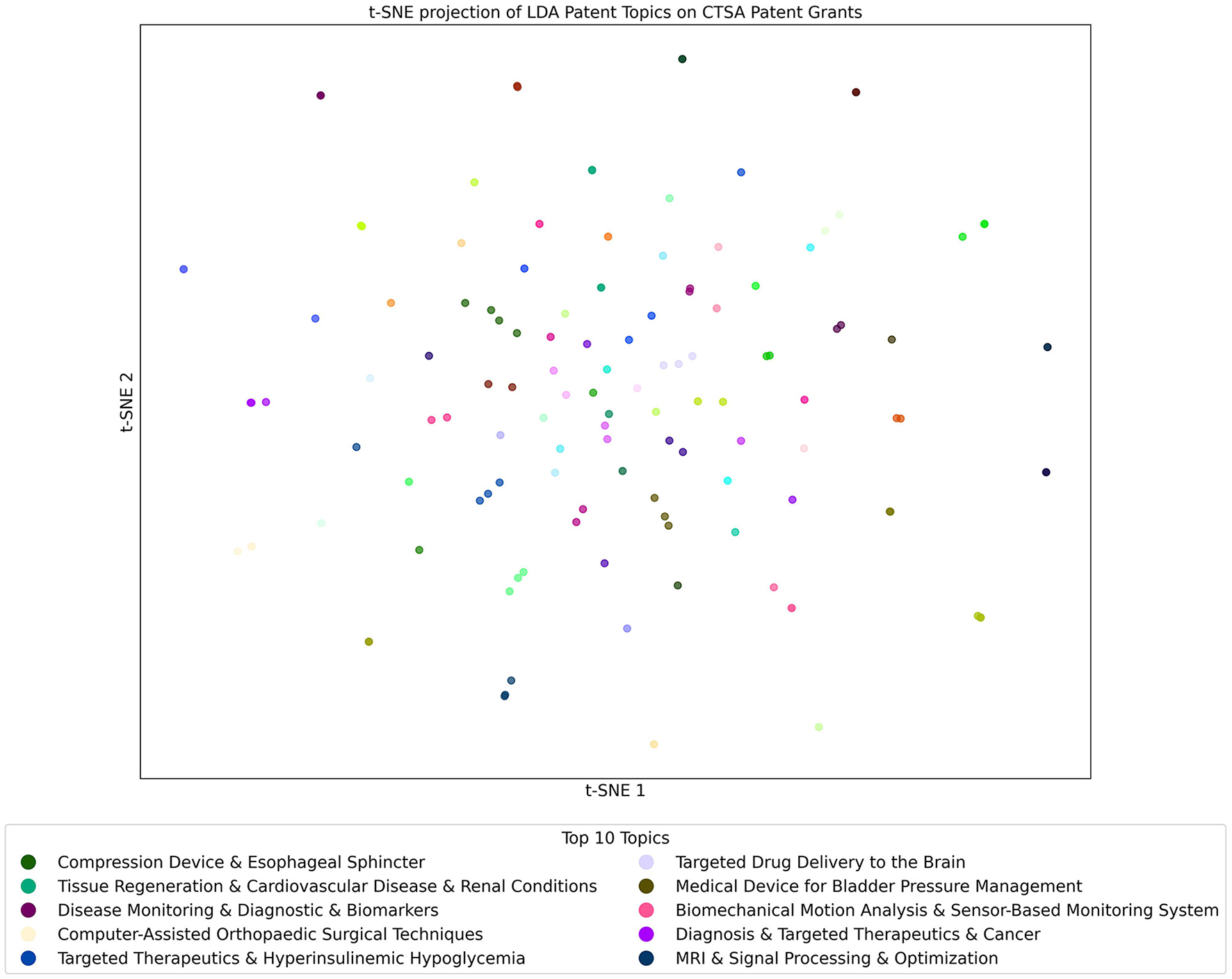 t-SNE scatter plot showing LDA patent topics on CTSA patent grants. Dots in various colors represent different topics, such as Compression Device, Tissue Regeneration, and Disease Monitoring. The x and y axes are labeled t-SNE 1 and t-SNE 2. A legend at the bottom details the top ten topics corresponding to the colors.