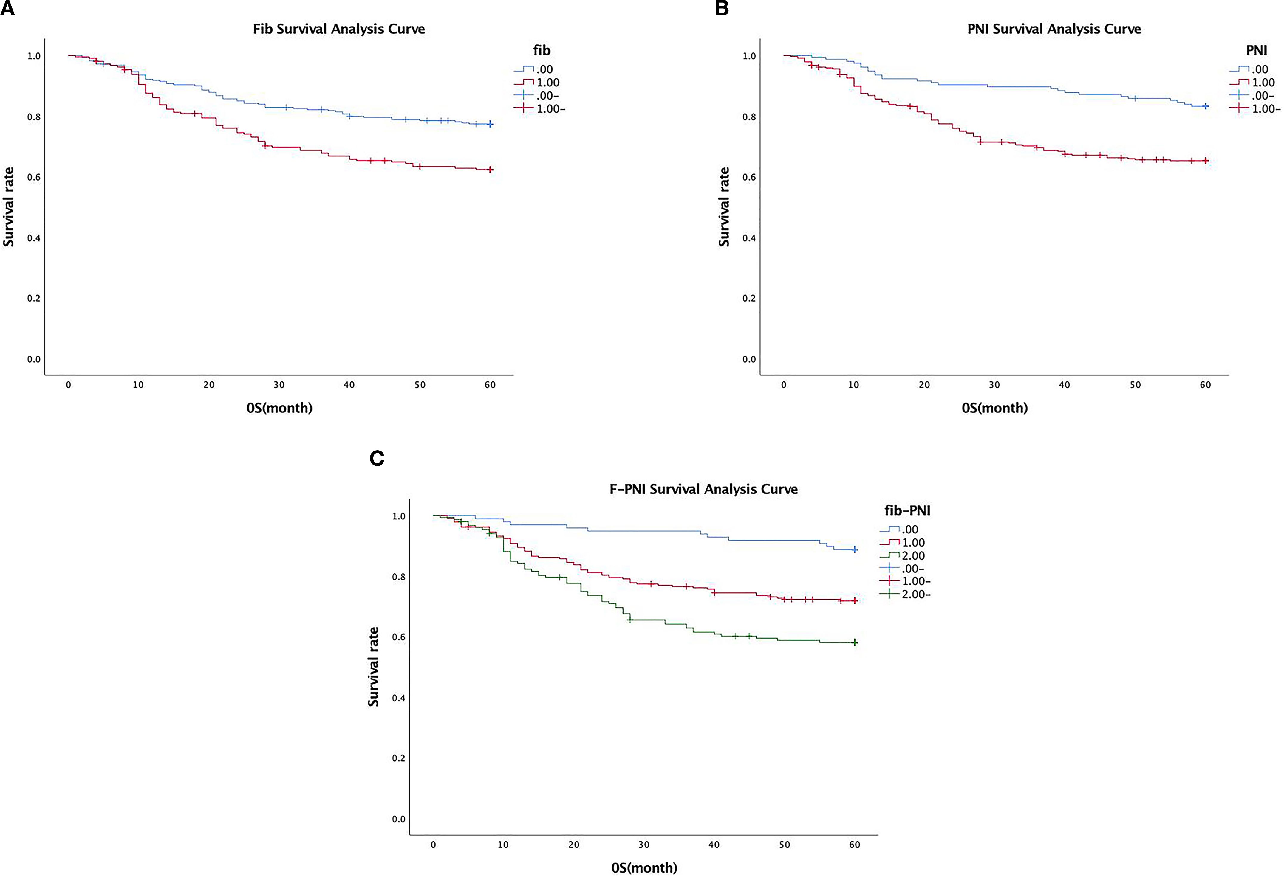 Three survival analysis curves are displayed: A. A Fib survival analysis curve showing different survival rates over 60 months for fib values 0.0 and 1.00 or higher. B. A PNI survival analysis curve illustrating survival rates over 60 months for PNI values 0.0 and 1.00 or higher. C. An F-PNI survival analysis curve showing survival rates over 60 months for combined fib-PNI values ranging from 0.0 to 2.00 or higher.