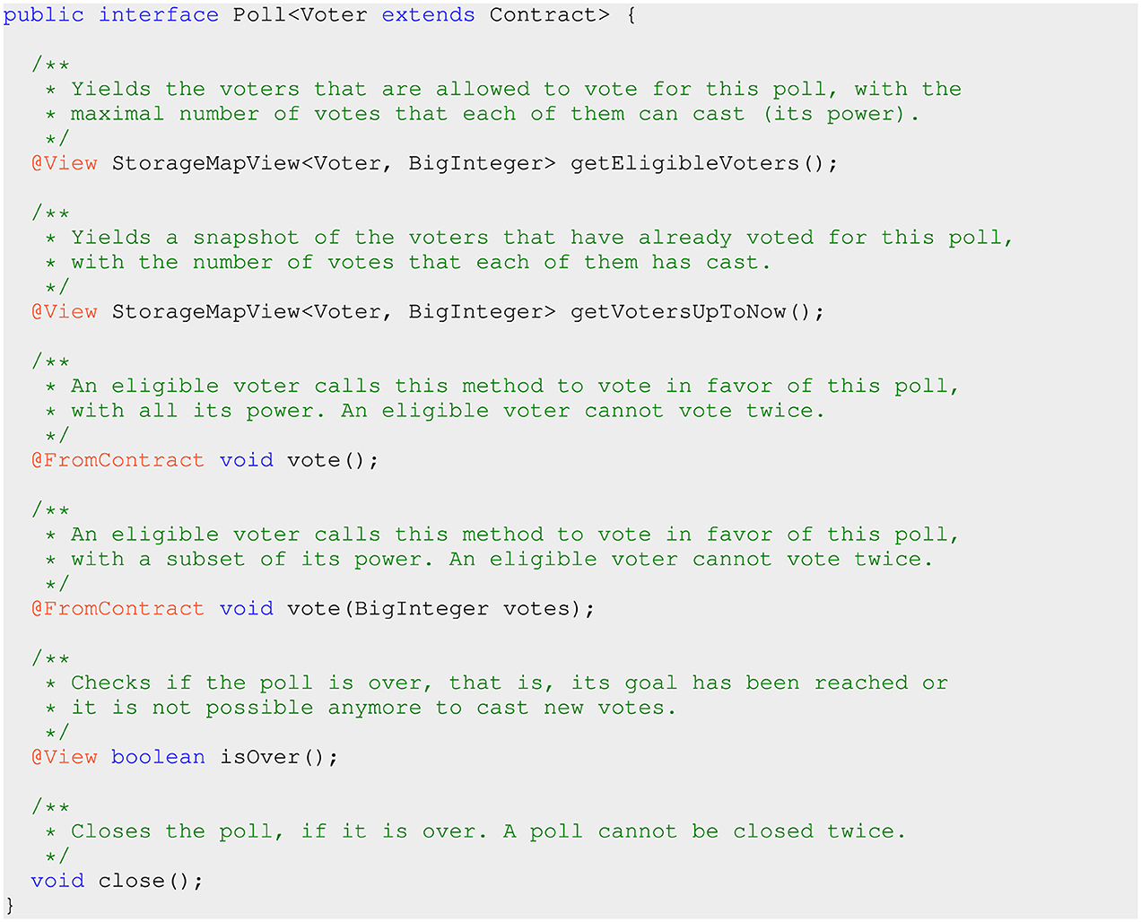 Interface code snippet for a voting system contract. It includes methods to get eligible voters, view current poll participants, cast votes, check if the poll is over, and close the poll. Comments describe each method's purpose.