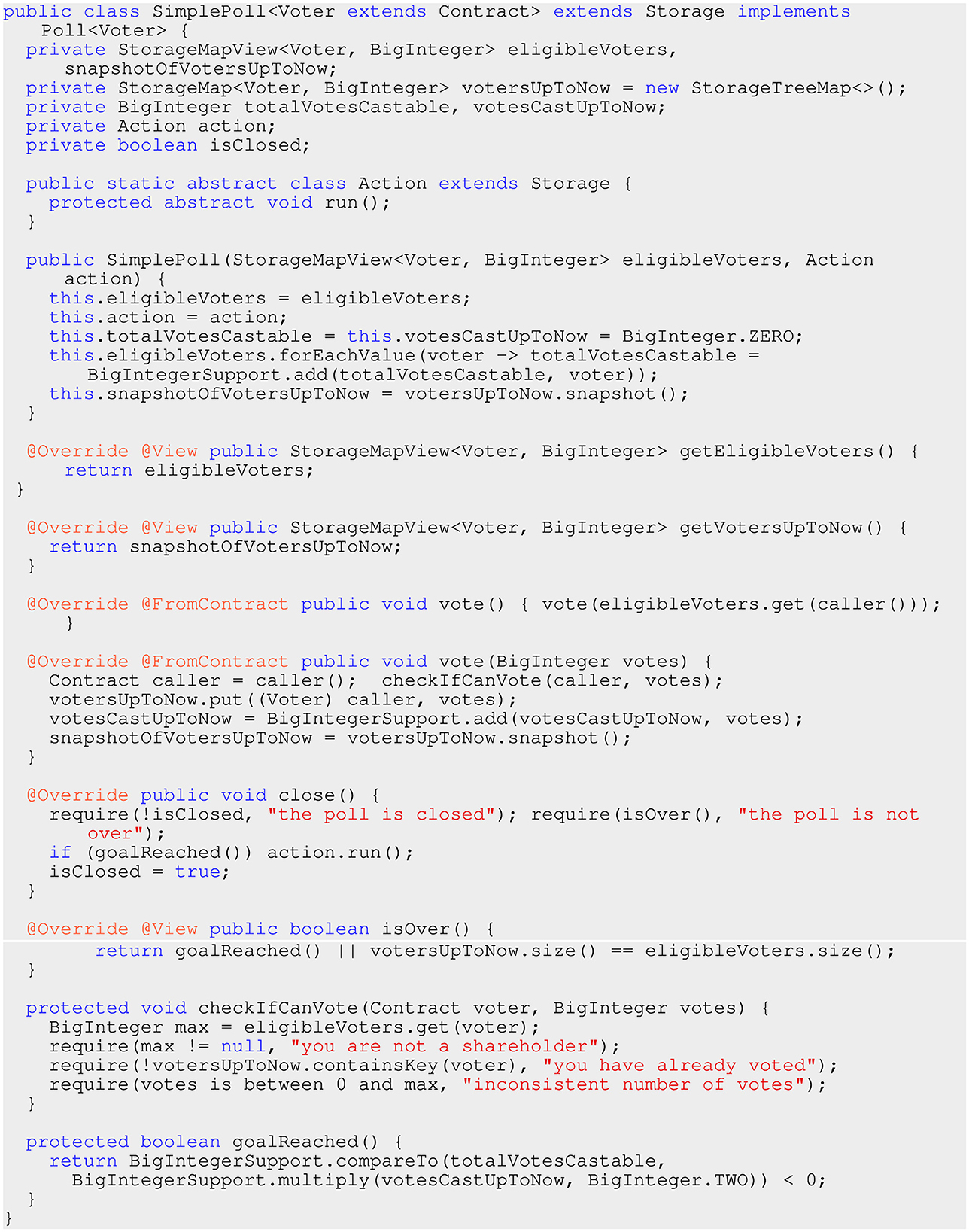 Java code for a class “SimplePoll” extending “Contract,” implementing voting functionality. The code defines data structures, constructors, and methods like “vote,” “close,” and “isOver.” It includes checks for voter eligibility and poll status, and uses “StorageMapView” and “StorageTreeMap” for managing voters and votes. Error messages are provided for unauthorized actions.
