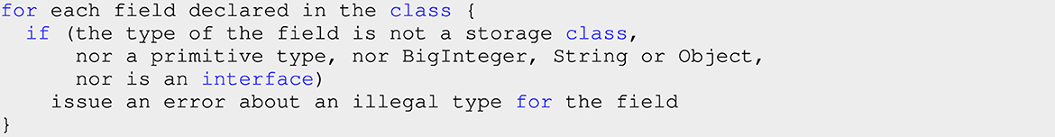 Code snippet with syntax highlighting. It includes a conditional checking if a field type in a class is neither a storage class, a primitive type, nor BigInteger, String, Object, or an interface. If not, it issues an error about an illegal type for the field.