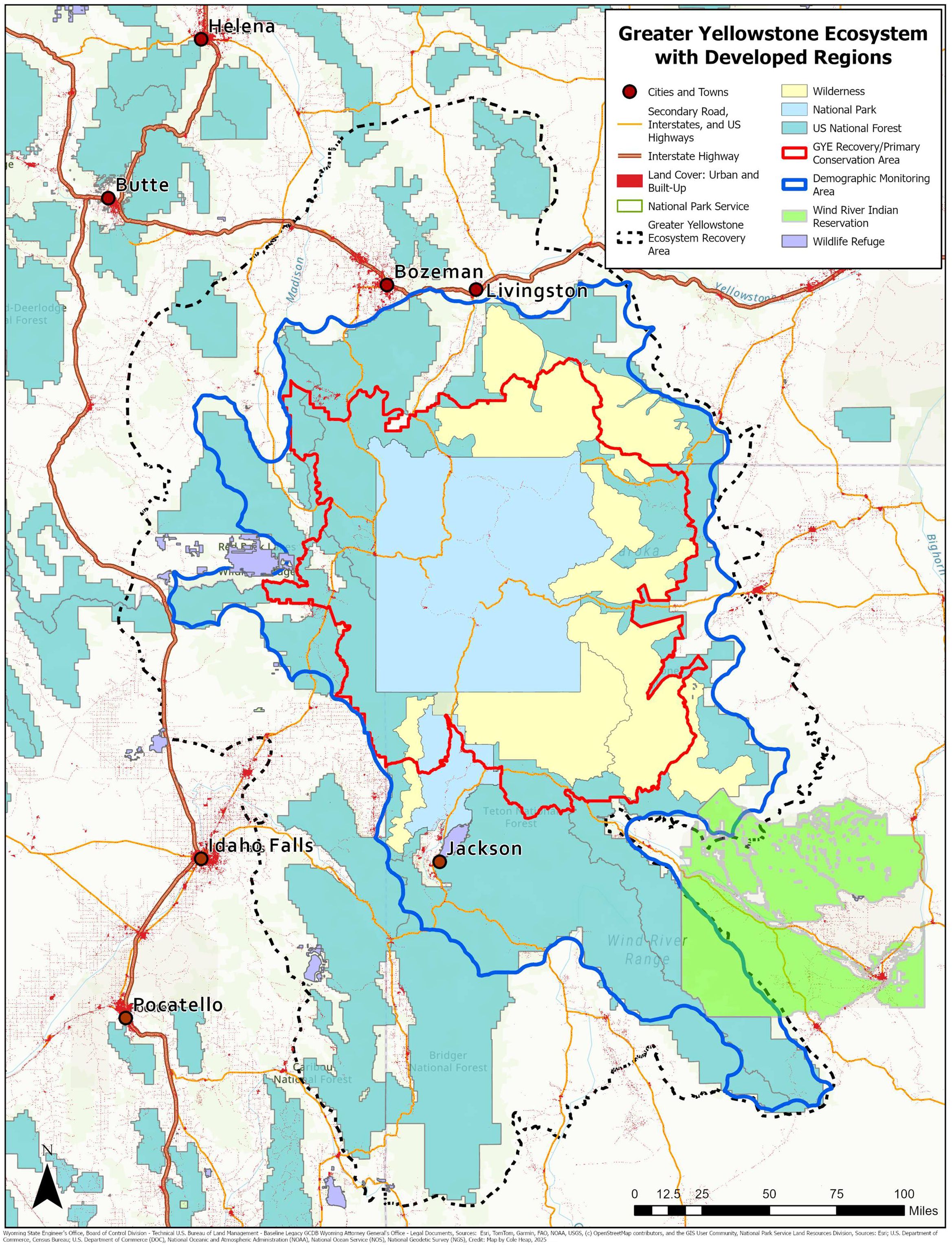 Map of the Greater Yellowstone Ecosystem highlighting developed regions. It shows cities, towns, roads, and highways. Various colors indicate land cover including wilderness, national parks, and forests. A legend explains symbols for urban areas, national park service, and conservation areas. Major locations include Bozeman, Jackson, and Idaho Falls. Boundaries for recovery and monitoring areas are marked.