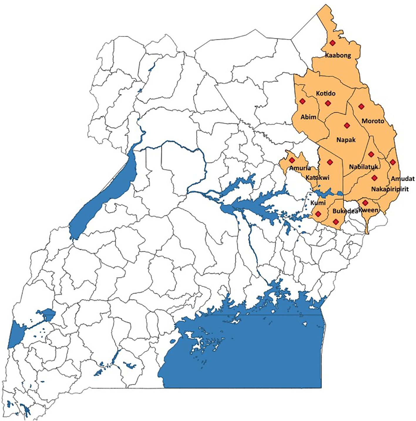 Map highlighting the northeastern region of Uganda. Districts like Kaabong, Kotido, and Moroto are marked in orange with names labeled. Major water bodies are shown in blue.