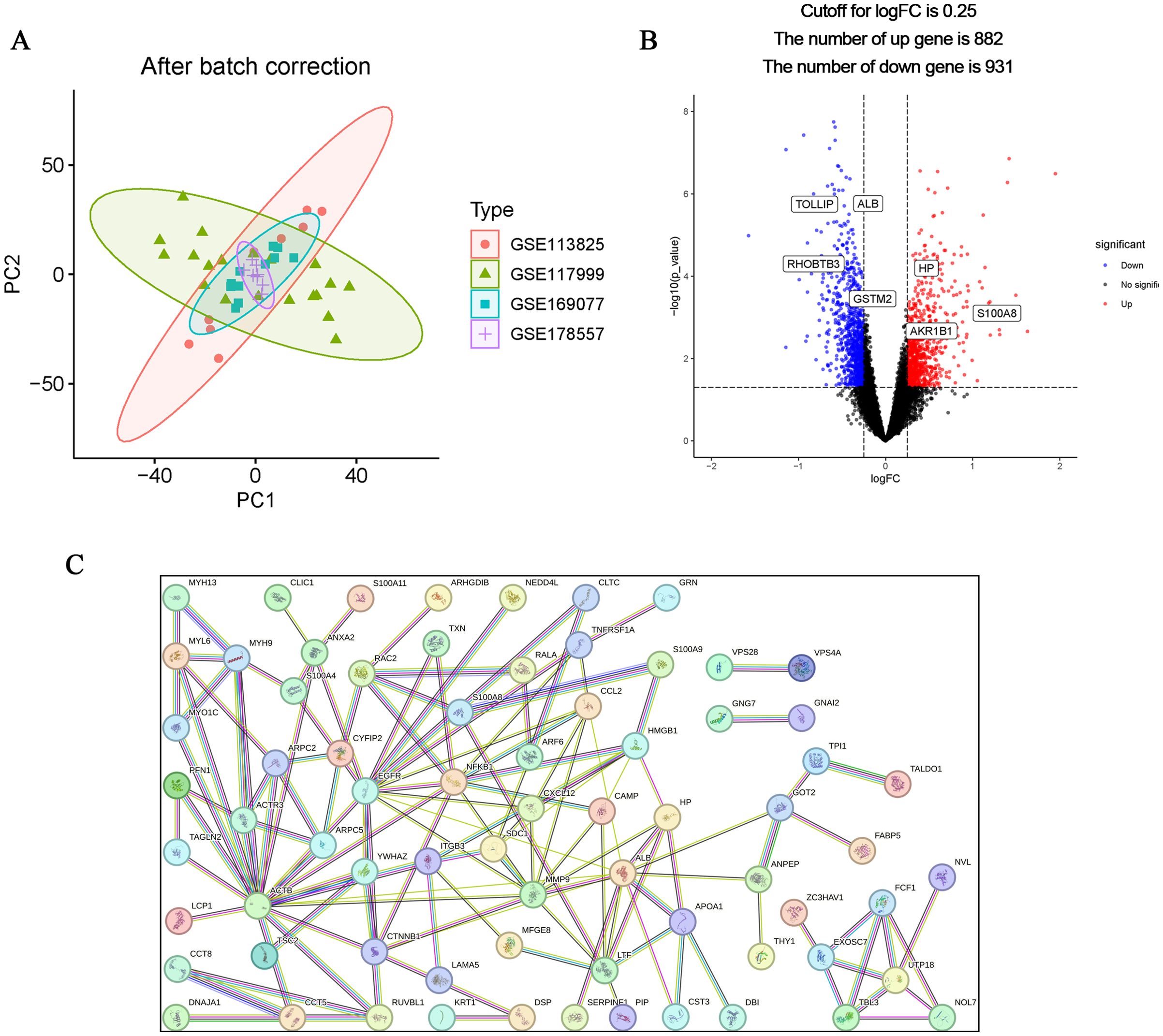 Panel A shows a PCA plot after batch correction with four data types represented by different shapes and colors. Panel B is a volcano plot indicating significantly upregulated and downregulated genes, with highlighted genes labeled. Panel C is a complex network diagram illustrating interactions among various proteins, represented by nodes connected with lines.