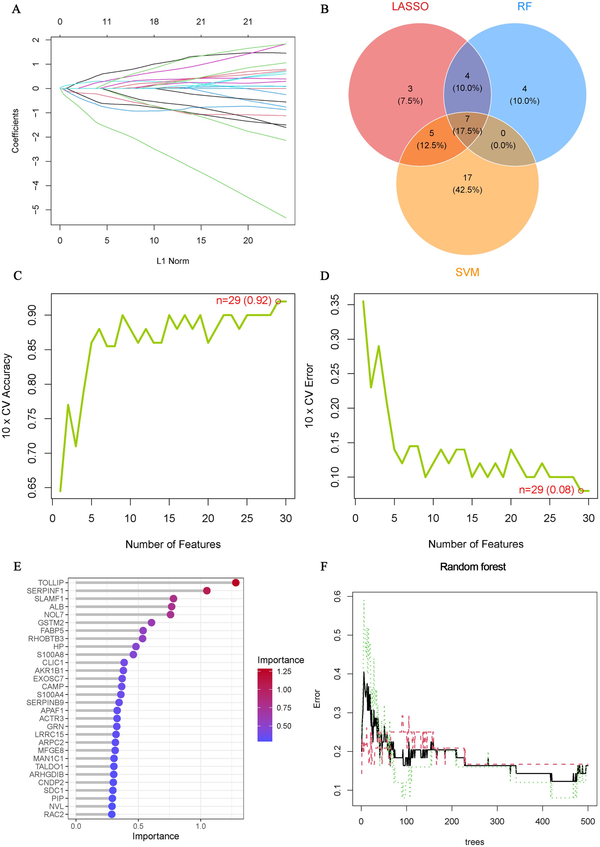 A series of visualizations related to feature selection and model evaluation: A. Line plot showing coefficients versus L1 norm for feature selection. B. Venn diagram illustrating feature overlaps in LASSO, RF, and SVM models. C. Line graph of accuracy versus the number of features, highlighting n=29 (0.92). D. Line graph of error versus the number of features, noting n=29 (0.08). E. Bar chart indicating feature importance, with TOLLIP and SERPINF1 most significant. F. Plot depicting error rates across trees in a random forest model.