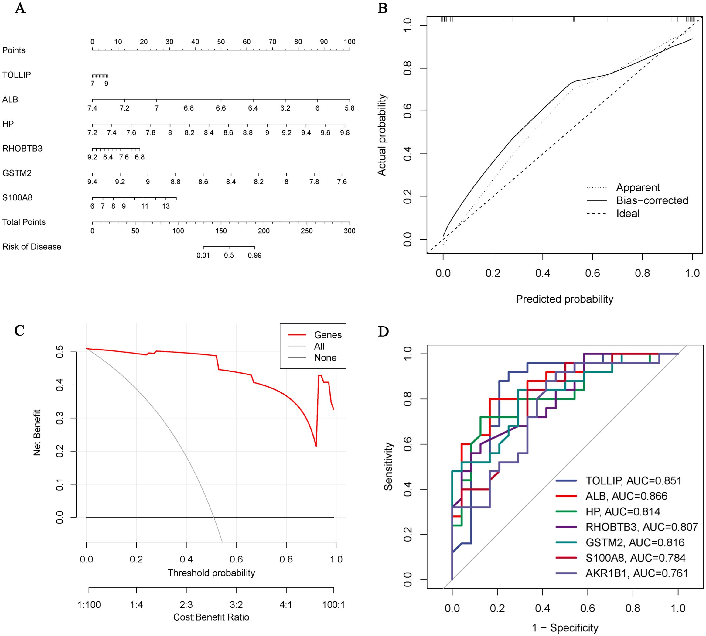 Panel A shows a nomogram for predicting disease risk based on six genes: TOLLIP, ALB, HP, RHOBTB3, GSTM2, and S100A8. Panel B presents a calibration plot comparing predicted and actual probabilities. Panel C illustrates a decision curve analysis with the net benefit of models including genes. Panel D features ROC curves with AUC values for each gene, highlighting ALB (AUC 0.866) and TOLLIP (AUC 0.851) as top predictors.