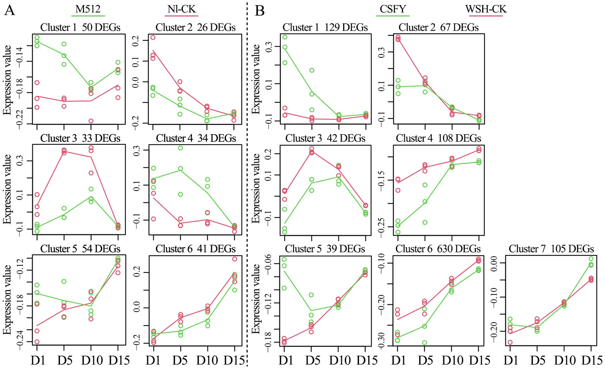 Graphs display expression values for various clusters of differentially expressed genes (DEGs) across four conditions: M512, NI-CK, CSFY, and WSH-CK. Plots show expression changes over days 1, 5, 10, and 15. Each subplot depicts green and red lines indicating two conditions or treatments, with DEGs labeled for each cluster. Panel A includes Clusters 1 to 6, while Panel B includes Clusters 1 to 7.