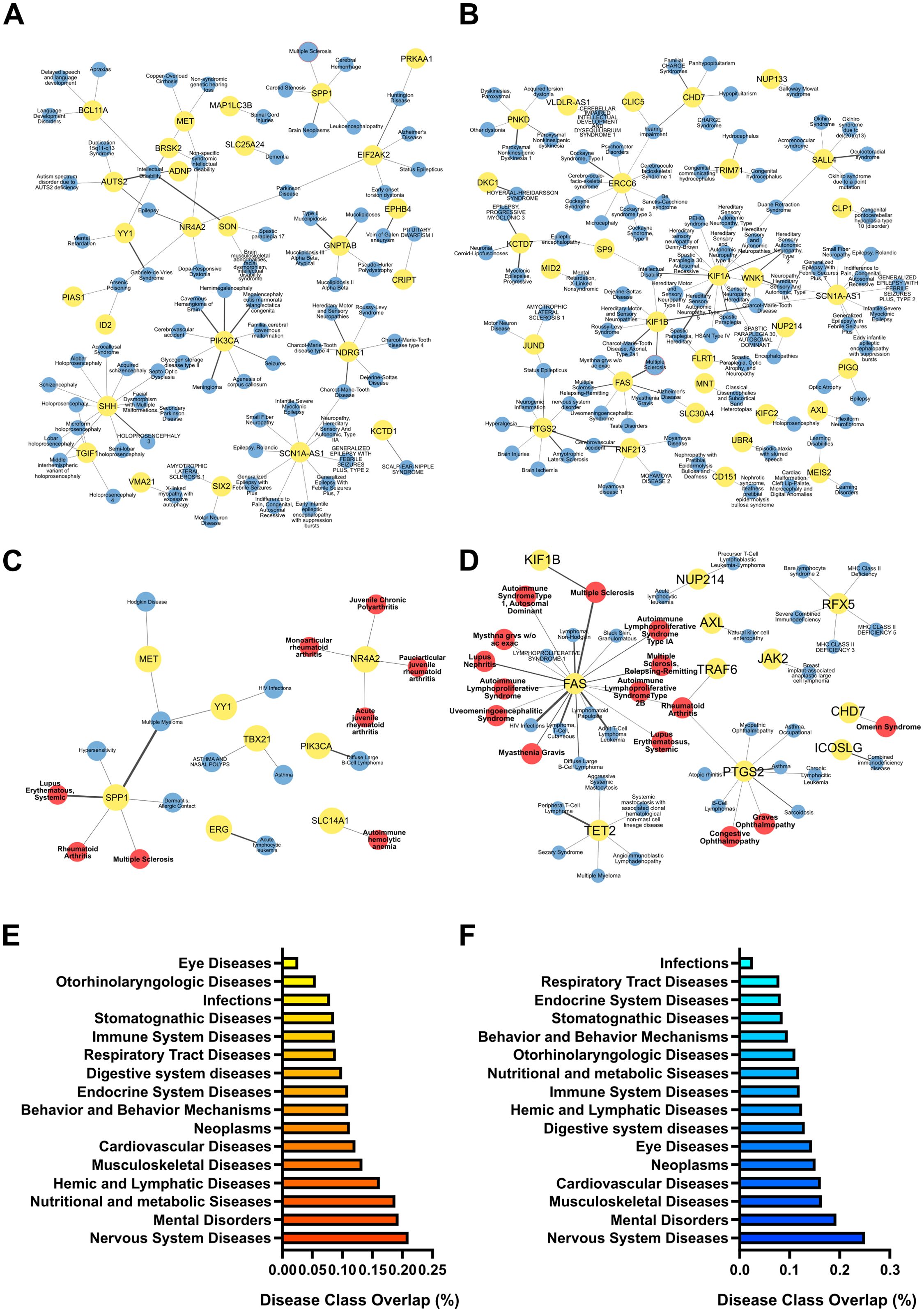 Network diagrams labeled A to D showcase gene-disease associations with nodes and connections in blue, yellow, and red, indicating various relationships and diseases. Diagrams E and F display bar graphs with overlapping percentages of different disease classes genes with the observed target genes, colored in gradients from yellow to red in E and light blue to dark blue in F.
