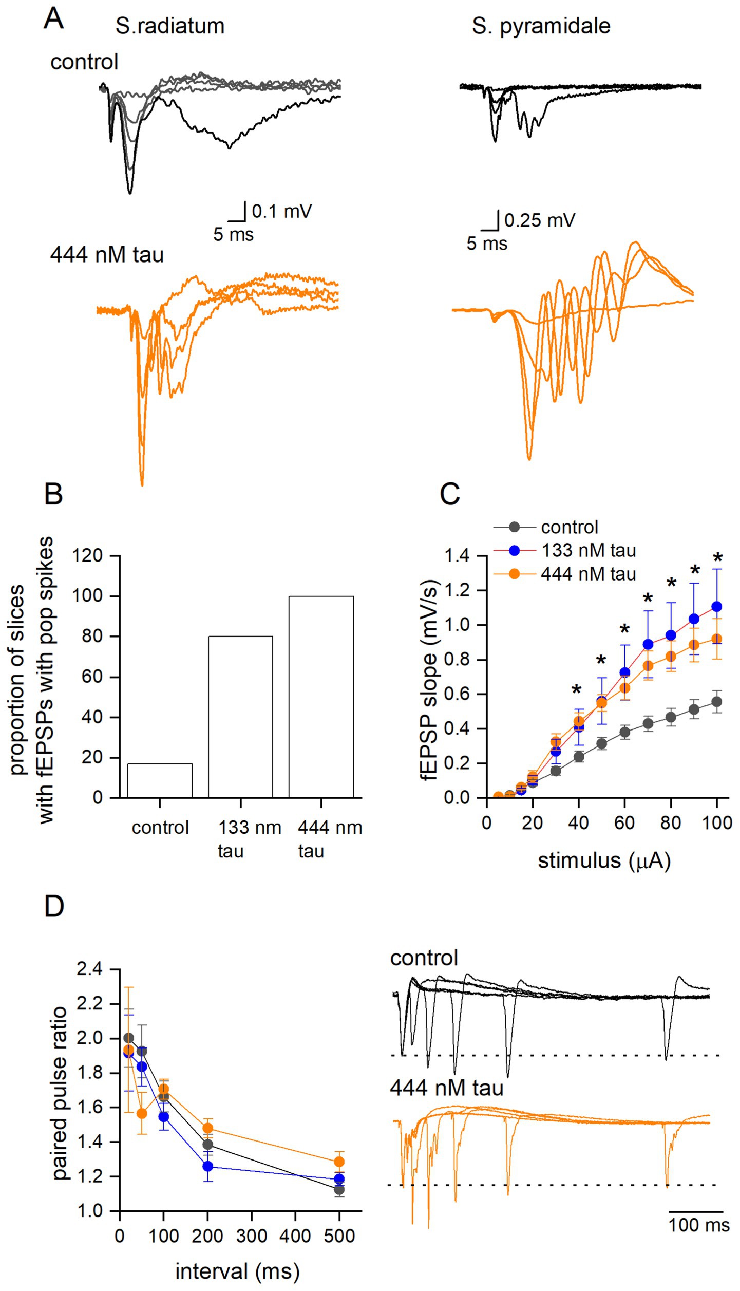 Graphs and waveforms show the effects of tau on neuronal activity. Panel A displays waveforms for control and 444 nanomolar tau conditions in two brain regions. Panel B is a bar graph illustrating the proportion of slices with field EPSPs and pop spikes across different tau concentrations. Panel C shows a line graph of fEPSP slope against stimulus strength for control and tau conditions. Panel D combines a graph of paired pulse ratio over intervals, and sample waveforms for control and 444 nanomolar tau. Orange and blue indicate tau-treated conditions, and black indicates control.