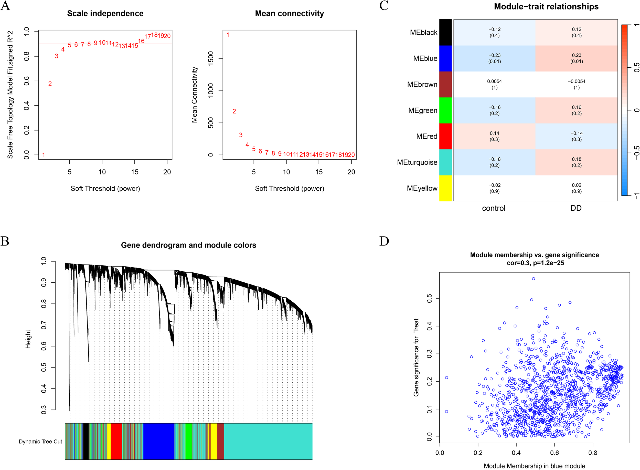 Four-panel figure depicting different graphical analyses. Panel A contains two line charts showing scale independence and mean connectivity versus soft threshold power. Panel B displays a gene dendrogram with module colors. Panel C is a heatmap of module-trait relationships, with values ranging from negative to positive correlations. Panel D shows a scatter plot of module membership versus gene significance, with a reported correlation of 0.3 and a p-value of 1.2 e-minus 25.