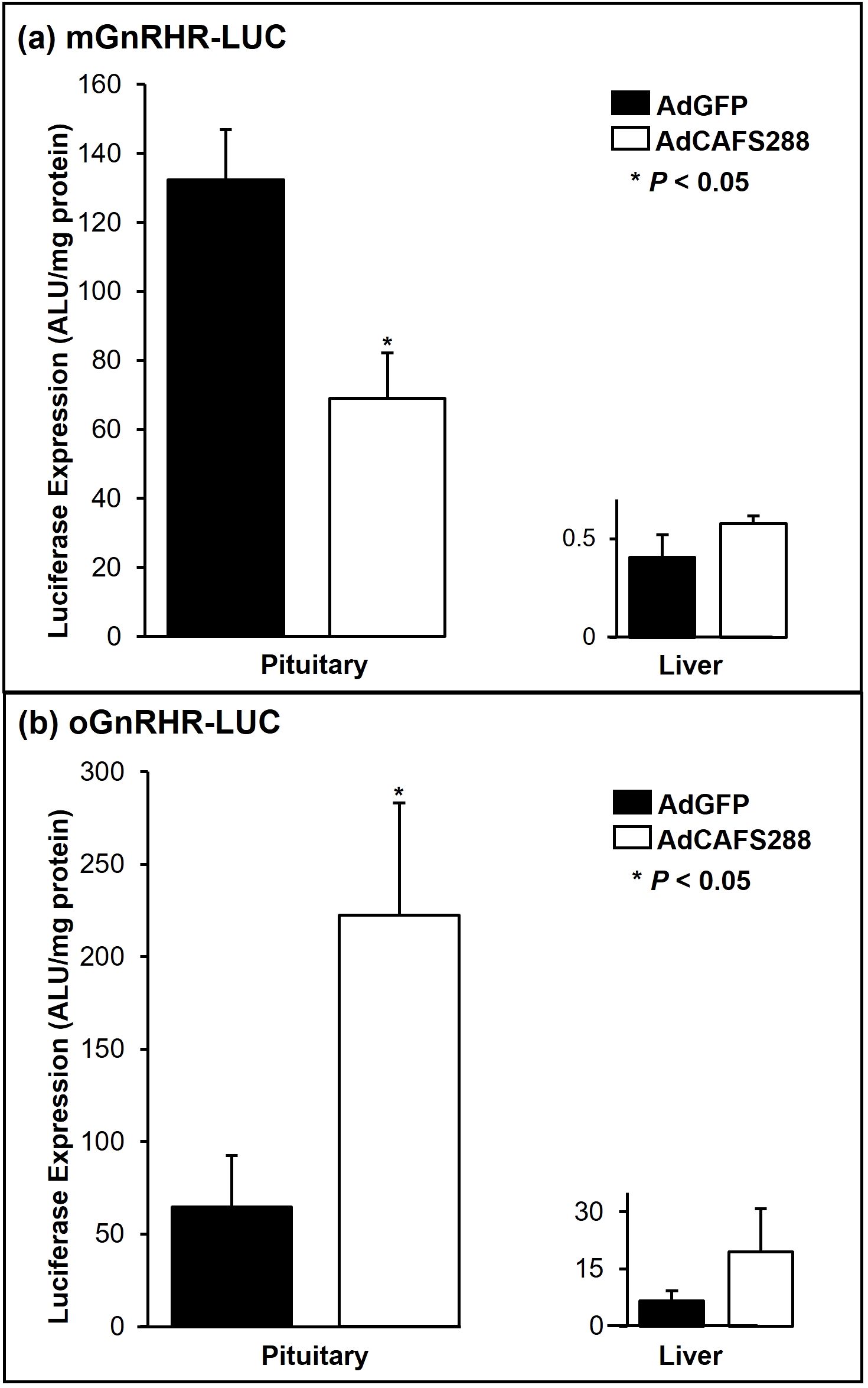 Bar graphs comparing serum FSH levels (ng/ml). Panel (a) shows FSH levels at two viral doses, 3.9x10^10 and 3.9x10^11 pfu/ml, under AdGFP and AdCAFS288 conditions. Panel (b) displays FSH levels for mGnRHR-LUC and oGnRHR-LUC conditions with AdGFP and AdCAFS288. Significant differences (p < 0.01) are marked with an asterisk. Bars for AdGFP are consistently higher than AdCAFS288.