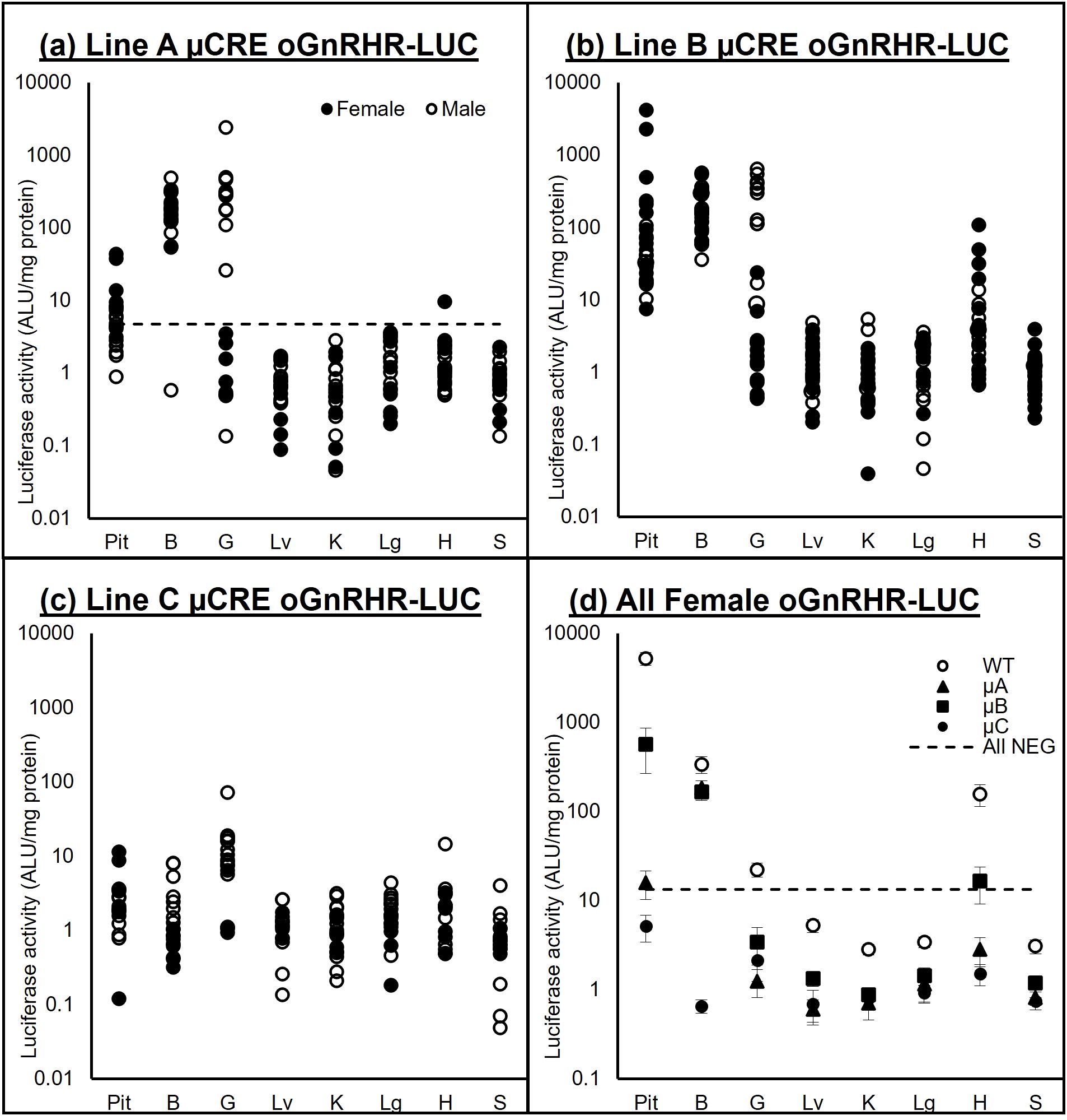 Four scatter plots display luciferase activity (ALU per mg protein) in various tissues (Pit, B, G, Lv, K, Lg, H, S) from lines A, B, C, and all female oGnRHR-LUC. Panels (a), (b), and (c) compare males and females, represented by black and white circles. Panel (d) shows wild-type and mutant data, using different shapes. The vertical axis ranges from 0.01 to 10,000.
