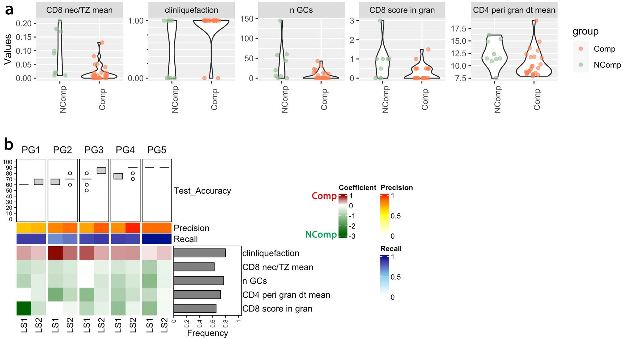 Panel a displays violin plots comparing values for five metrics between two groups: Comp and NComp. Panel b consists of bar graphs for test accuracy and frequency across groups PG1 to PG5, with color-coded precision and recall indicators. Legends show the scale for coefficients, precision, and recall.