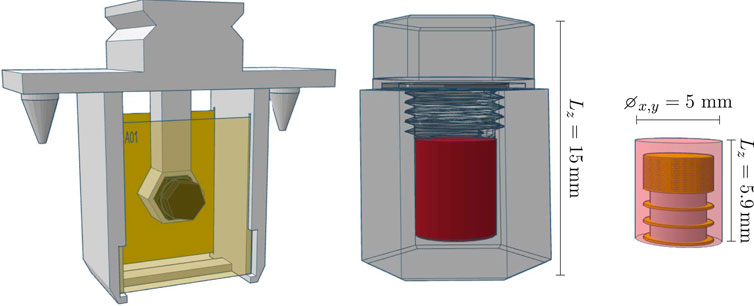 Three component diagrams are shown. The first diagram displays a cross-sectional view of a metal part in a yellow holder with hexagonal details. The second diagram shows a threaded cylinder encasing a red core, labeled with a height of 15 millimeters. The third diagram presents a small coil labeled with a diameter of 5 millimeters and a height of 5.9 millimeters.