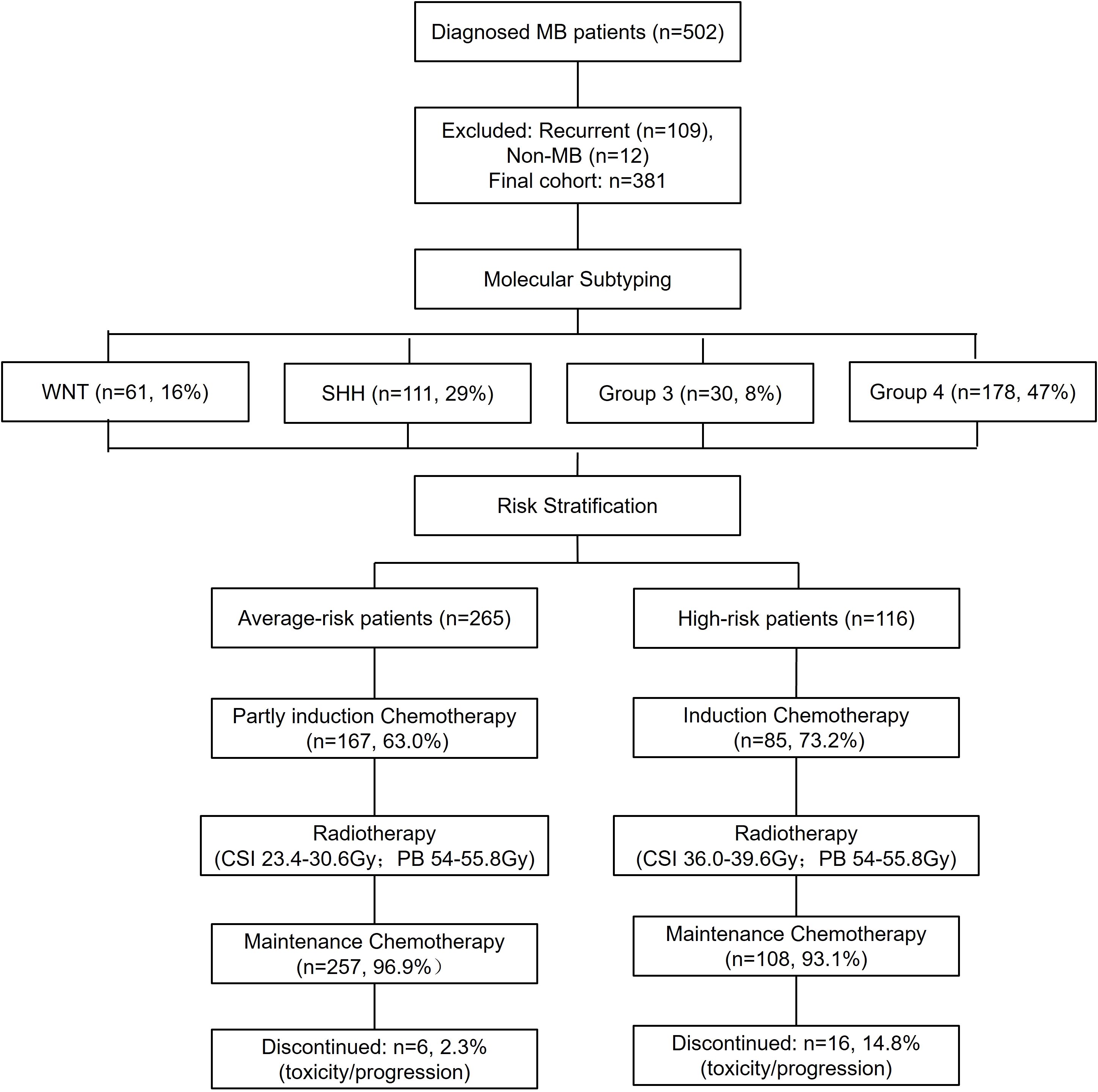 Flowchart detailing the selection and treatment process for medulloblastoma (MB) patients. Diagnosed MB patients number 502, with 381 in the final cohort after exclusions. Patients are categorized into molecular subtypes: WNT (61, 16%), SHH (111, 29%), Group 3 (30, 8%), and Group 4 (178, 47%). Risk stratification separates into average-risk (265) and high-risk (116) groups. Average-risk undergo partly induction chemotherapy (167, 63%), radiotherapy, and maintenance chemotherapy (257, 96.9%), with 6 discontinued (2.3%). High-risk receive induction chemotherapy (85, 73.2%), radiotherapy, and maintenance chemotherapy (108, 93.1%), with 16 discontinued (14.8%).