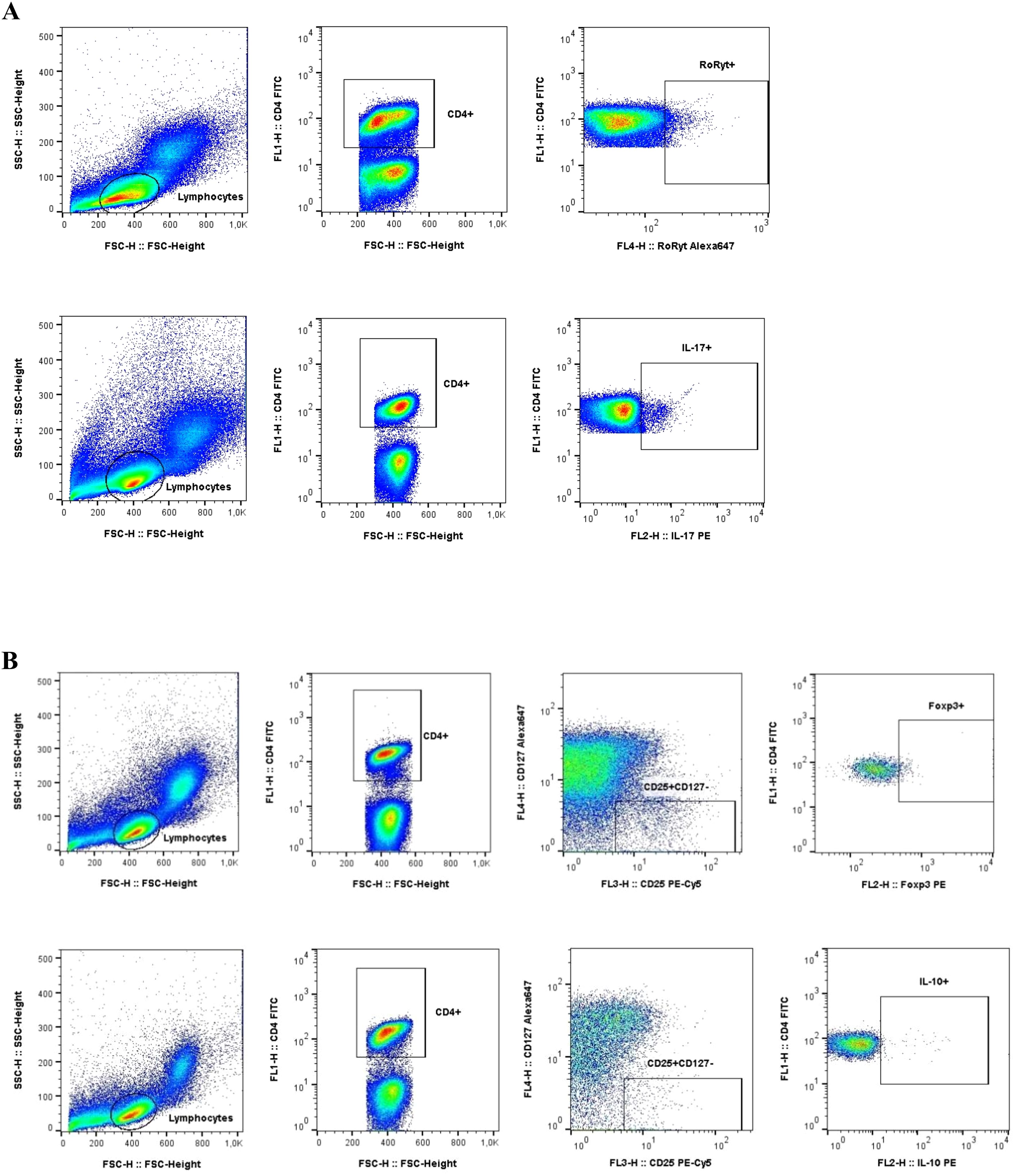 Flow cytometry data in two panels, A and B, depicting cell populations. A shows lymphocytes gated as CD4+ cells, further analyzed for RORγt+ and IL-17+ markers. B shows lymphocytes gated as CD4+ cells, further analyzed for CD25+CD127- and IL-10+ cells, also highlighting Foxp3 expression. Each graph represents different dot plots indicating cell differentiation levels.