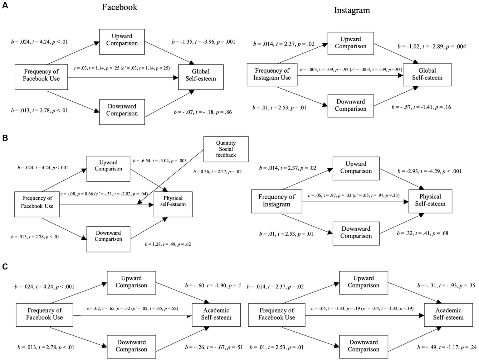 Diagram depicting the relationships between social media use and self-esteem across three panels. Panel A shows the effects of Facebook and Instagram use on global self-esteem via upward and downward comparisons. Panel B illustrates these effects on physical self-esteem, including influences from social feedback. Panel C focuses on academic self-esteem's relationship with social media use. Each panel includes paths with coefficient values and significance levels indicating strengths and directions of relationships.