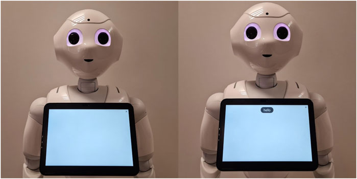 Two images of a humanoid robot are shown side by side. In the left image, the robot's tablet screen is blank. In the right image, the screen displays the word