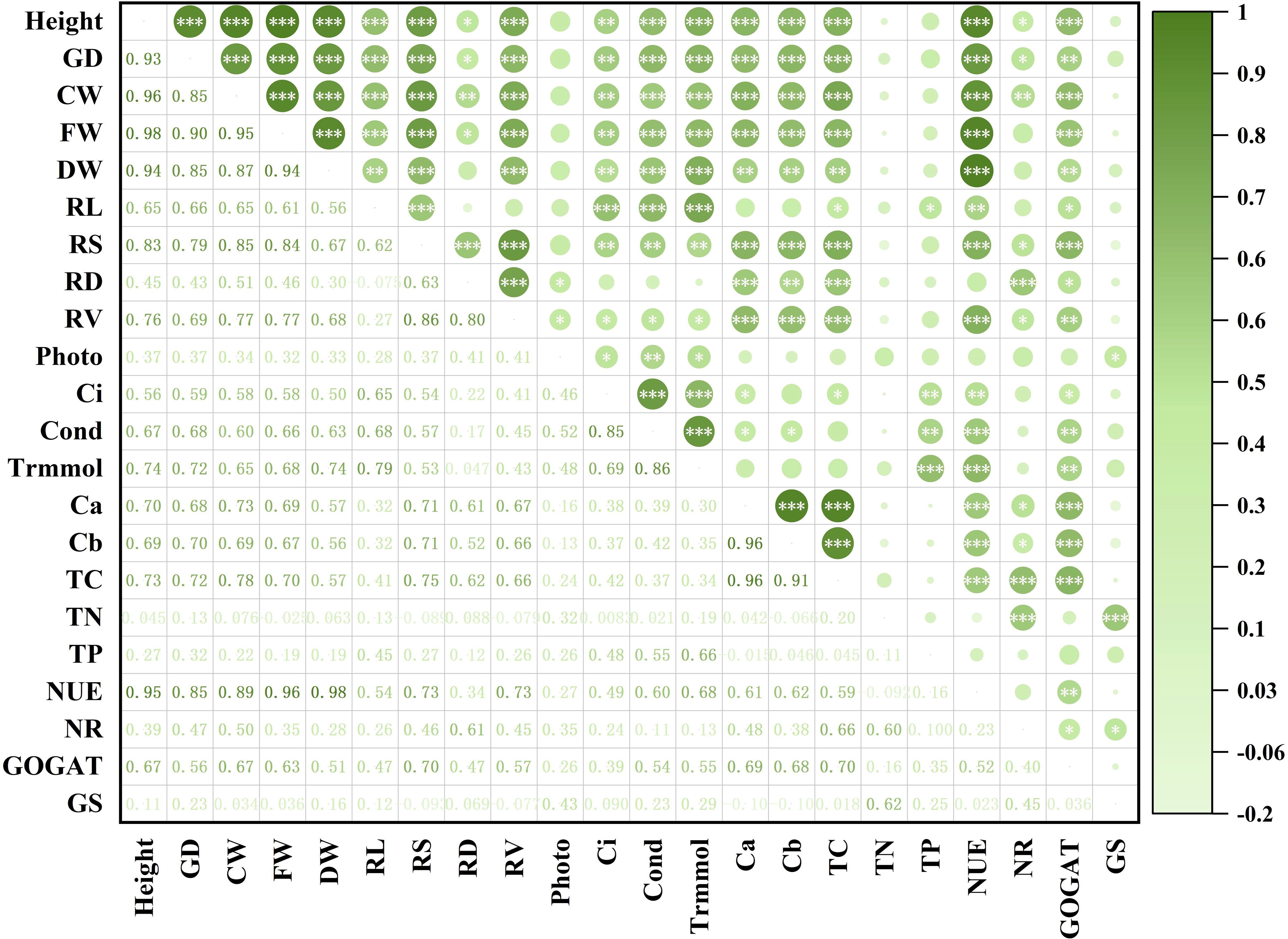 Correlation matrix with 27 variables displayed. The matrix uses green circles of varying intensities to represent correlation strength, with darker circles indicating stronger positive correlations. The scale bar on the right ranges from -0.2 to 1. Key correlations are marked with asterisks, indicating statistical significance.